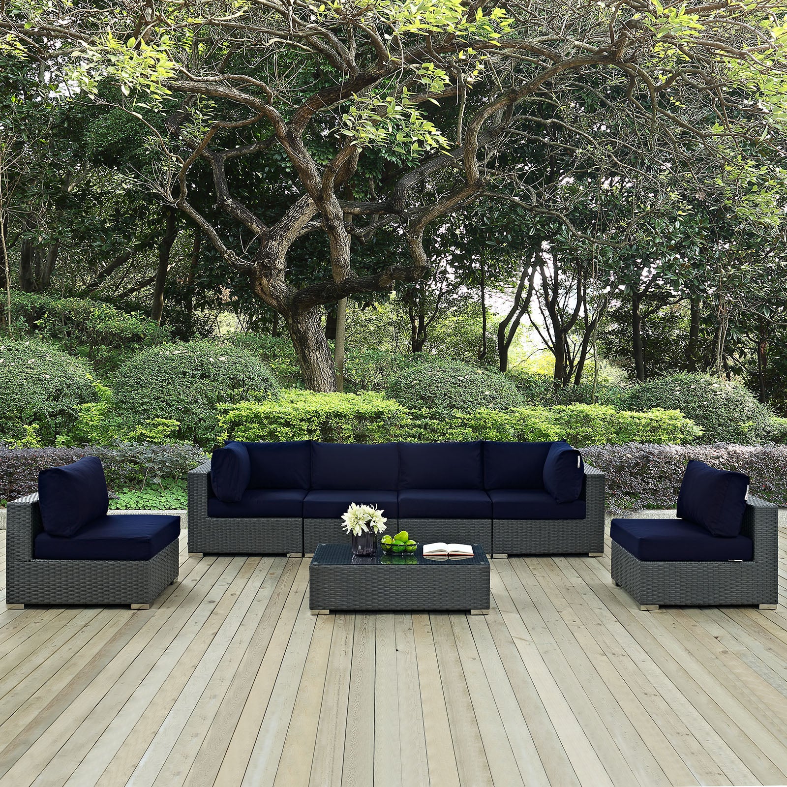 Modway Outdoor Conversation Sets - Sojourn 7 Piece Outdoor Patio Sunbrella Sectional Set Navy