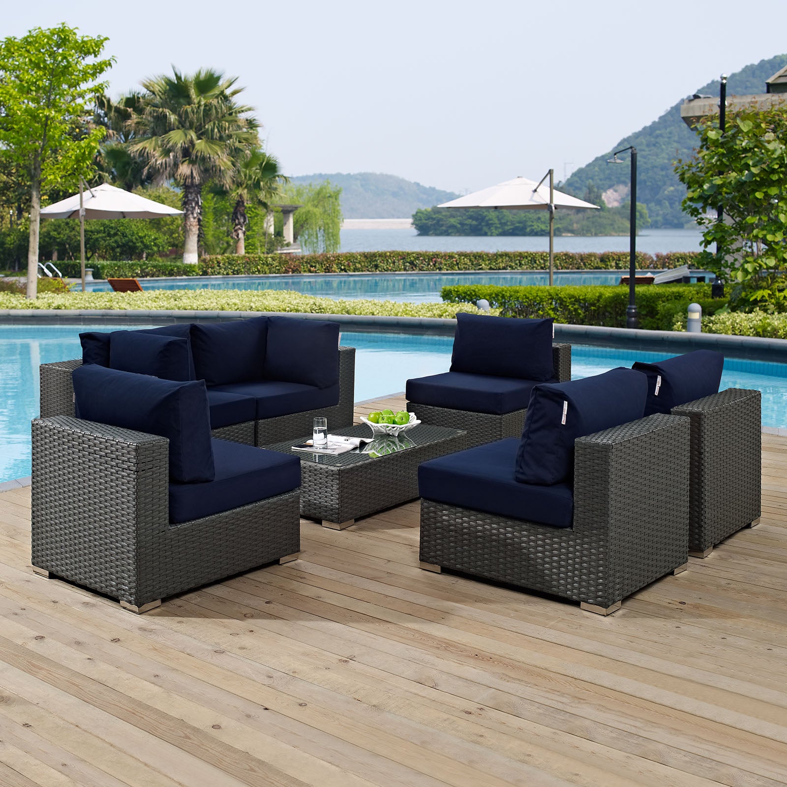 Modway Outdoor Conversation Sets - Sojourn 7 Piece Outdoor Patio Sunbrella Sectional Set Navy