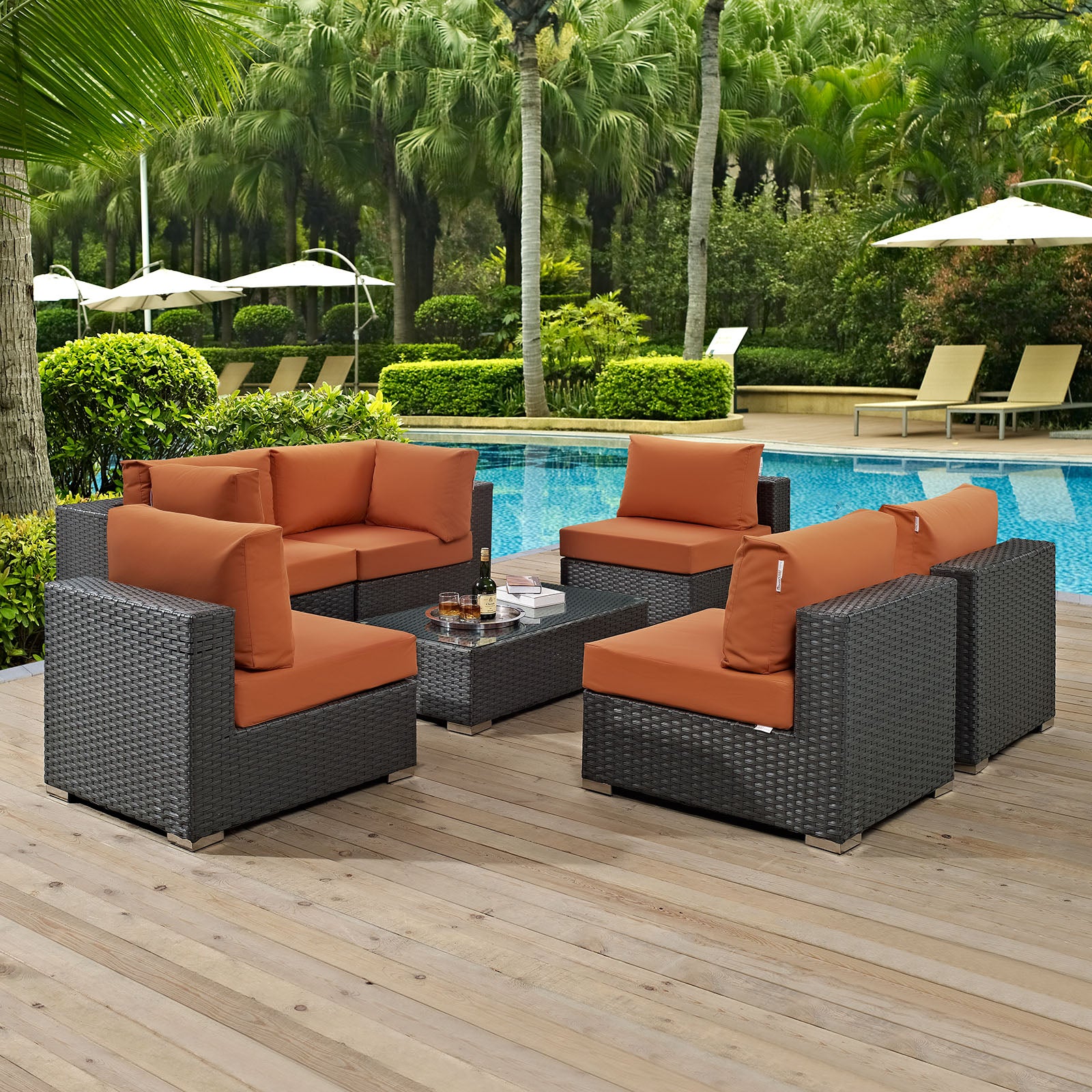 Modway Outdoor Conversation Sets - Sojourn 7 Piece Outdoor Patio Sectional Set Canvas Tuscan
