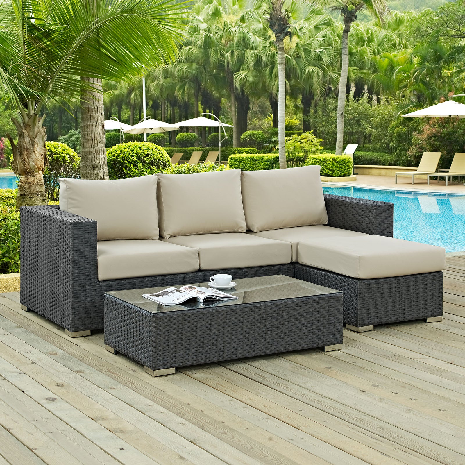Sojourn 3 Piece Outdoor Patio Sunbrella Sectional Set Antique Beige