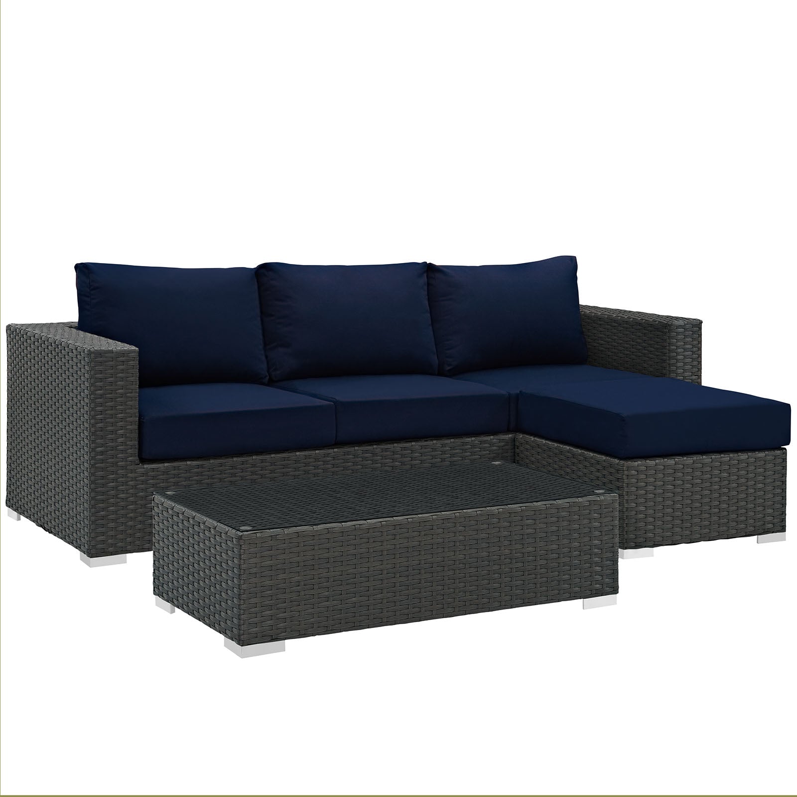 Modway Outdoor Conversation Sets - Sojourn 3 Piece Outdoor Patio Sunbrella Sectional Set Navy