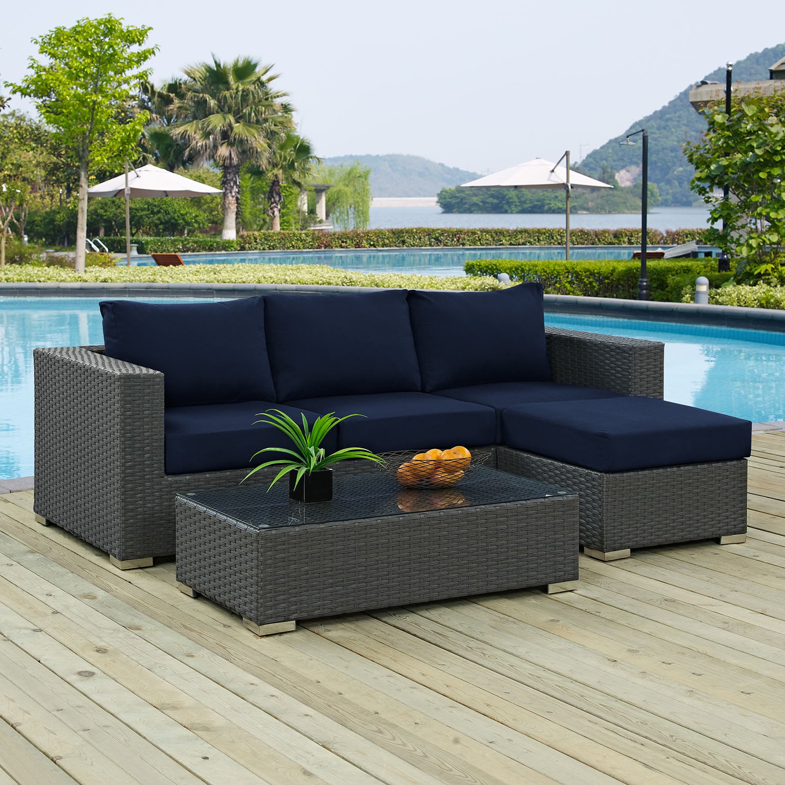 Modway Outdoor Conversation Sets - Sojourn 3 Piece Outdoor Patio Sunbrella Sectional Set Navy