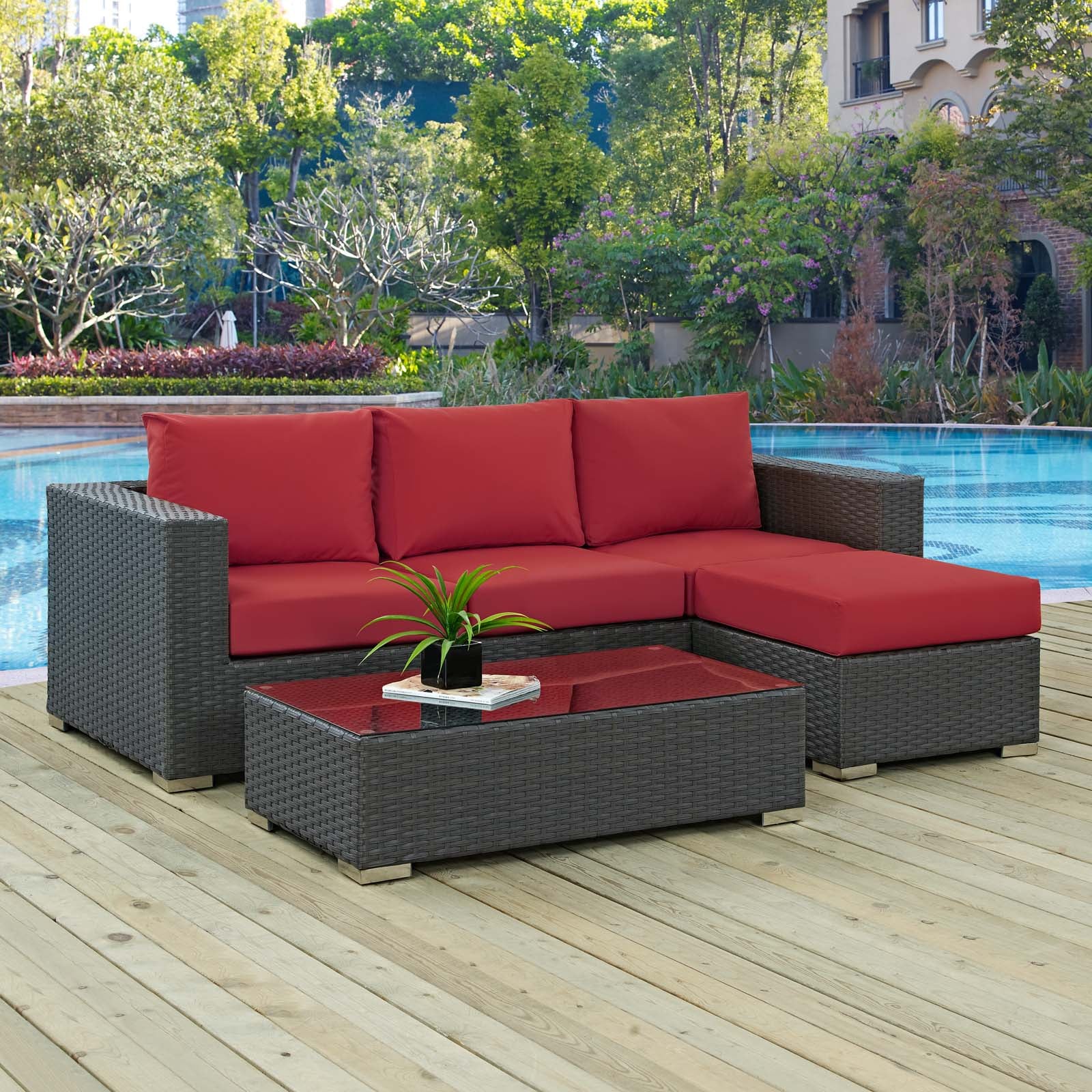 Sojourn 3 Piece Outdoor Patio Sunbrella Sectional Set Red