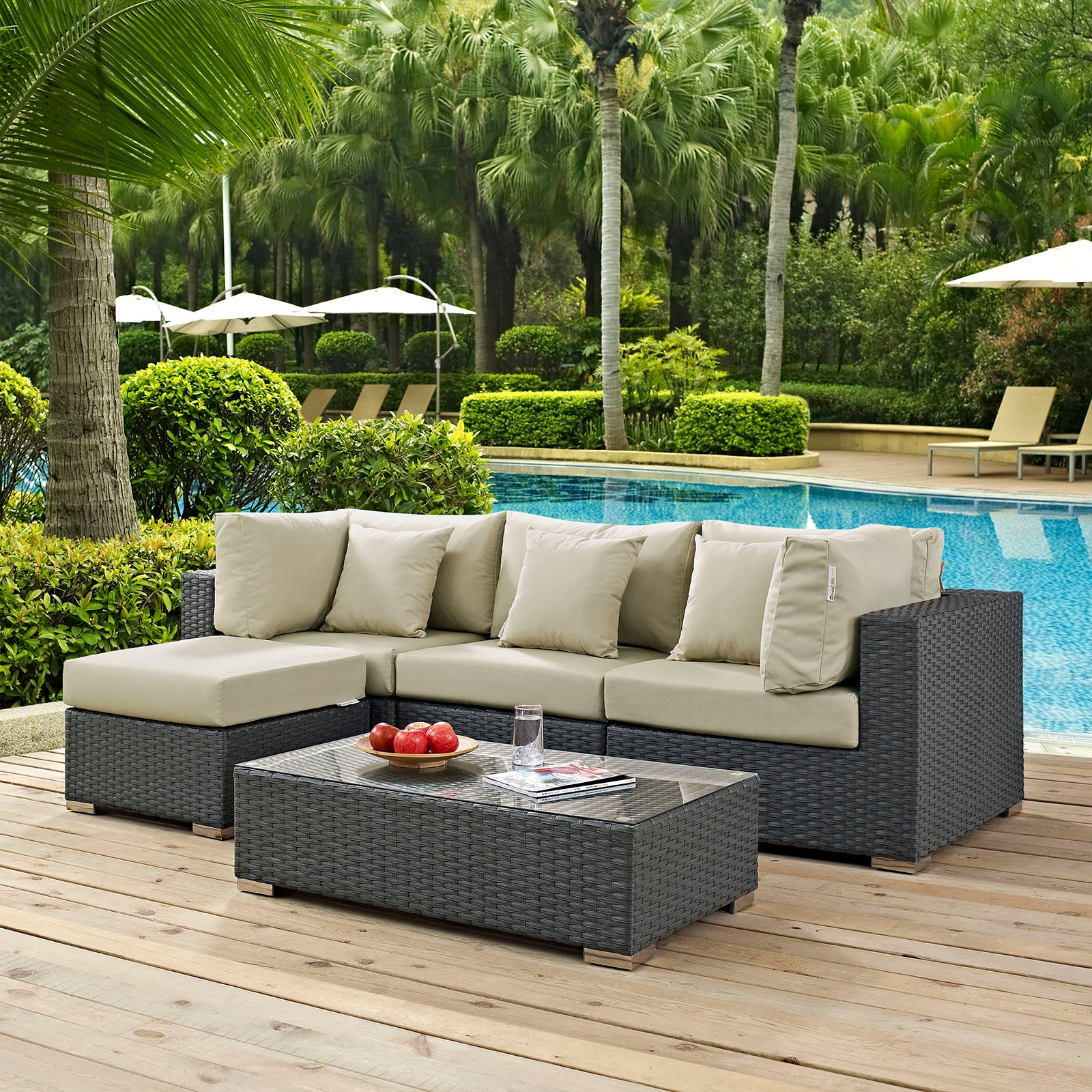 Modway Outdoor Conversation Sets - Sojourn 5 Piece Outdoor Patio Sectional Set Antique Beige