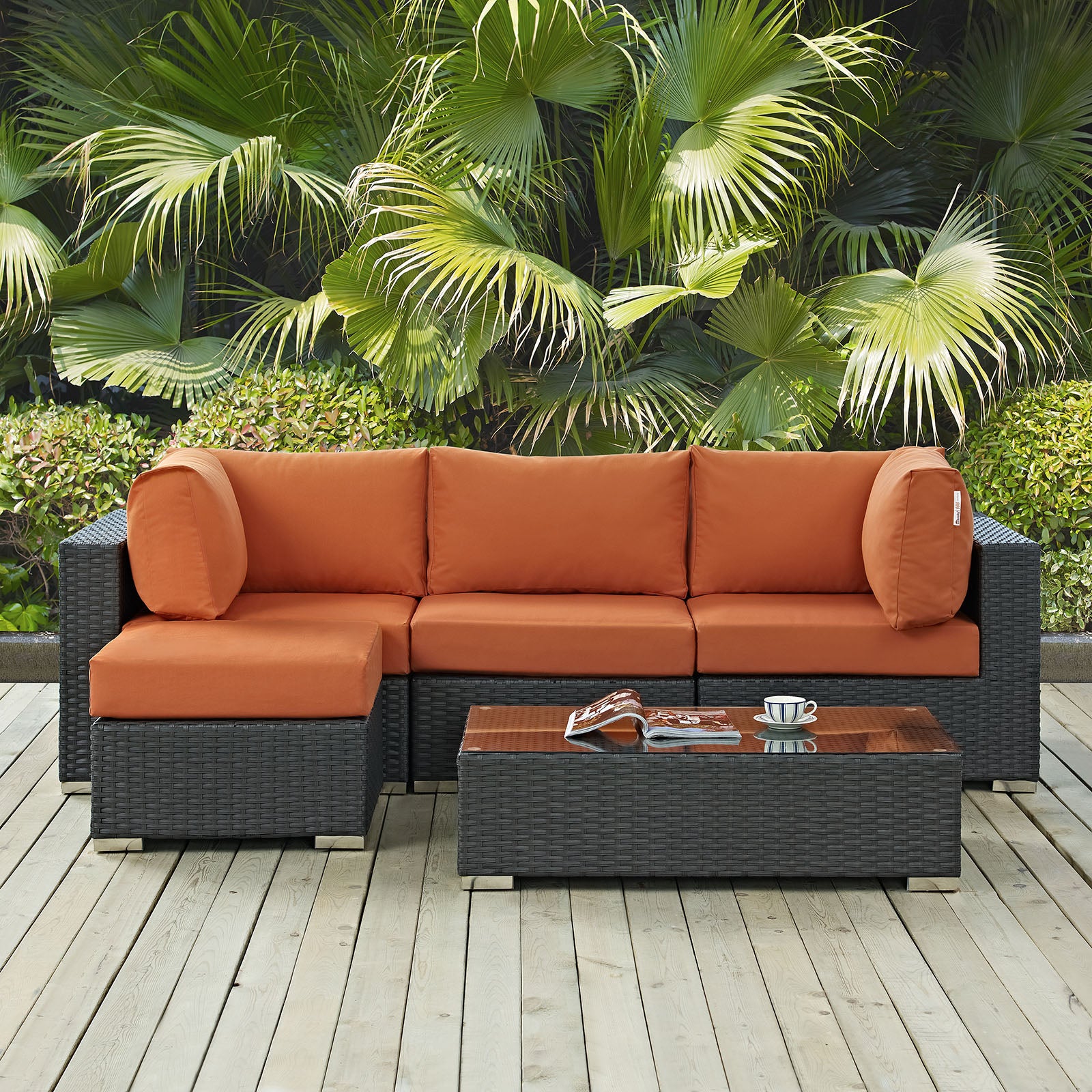 Modway Outdoor Conversation Sets - Sojourn 5 Piece Outdoor Patio Sunbrella Sectional Set Canvas Tuscan