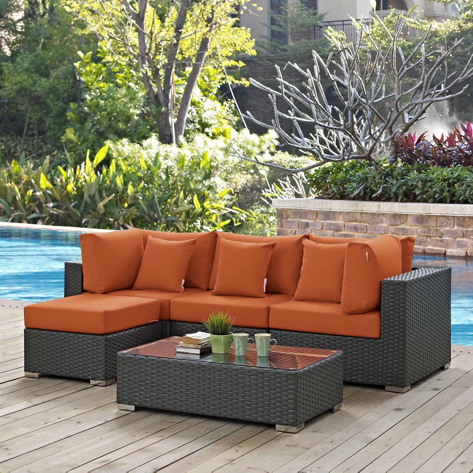 Modway Outdoor Conversation Sets - Sojourn 5 Piece Outdoor Patio Sunbrella Sectional Set Canvas Tuscan