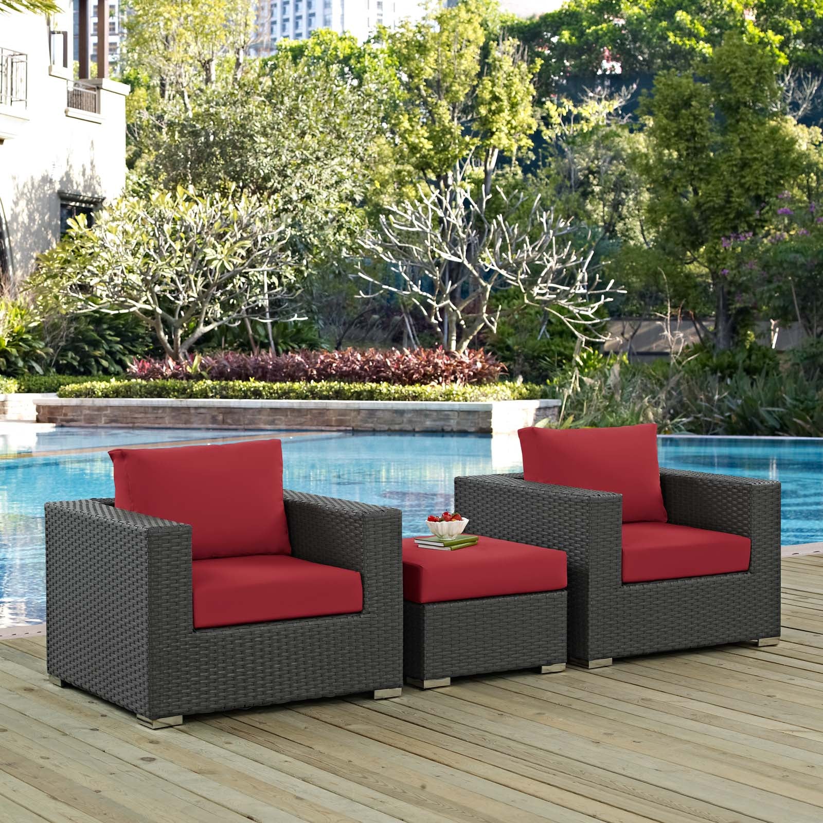 Modway Outdoor Conversation Sets - Sojourn 3 Piece Outdoor Patio Sunbrella Sectional Set Canvas Red