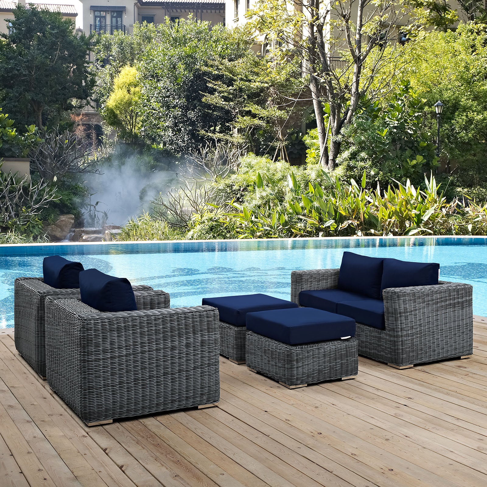 Modway Outdoor Conversation Sets - Summon 130.5" 5 Piece Outdoor Patio Sunbrella Sectional Set Canvas Navy