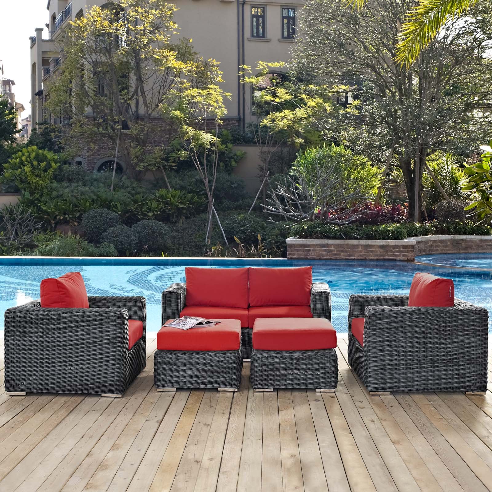 Modway Outdoor Conversation Sets - Summon 5 Piece Outdoor Patio Sectional Set Canvas Red