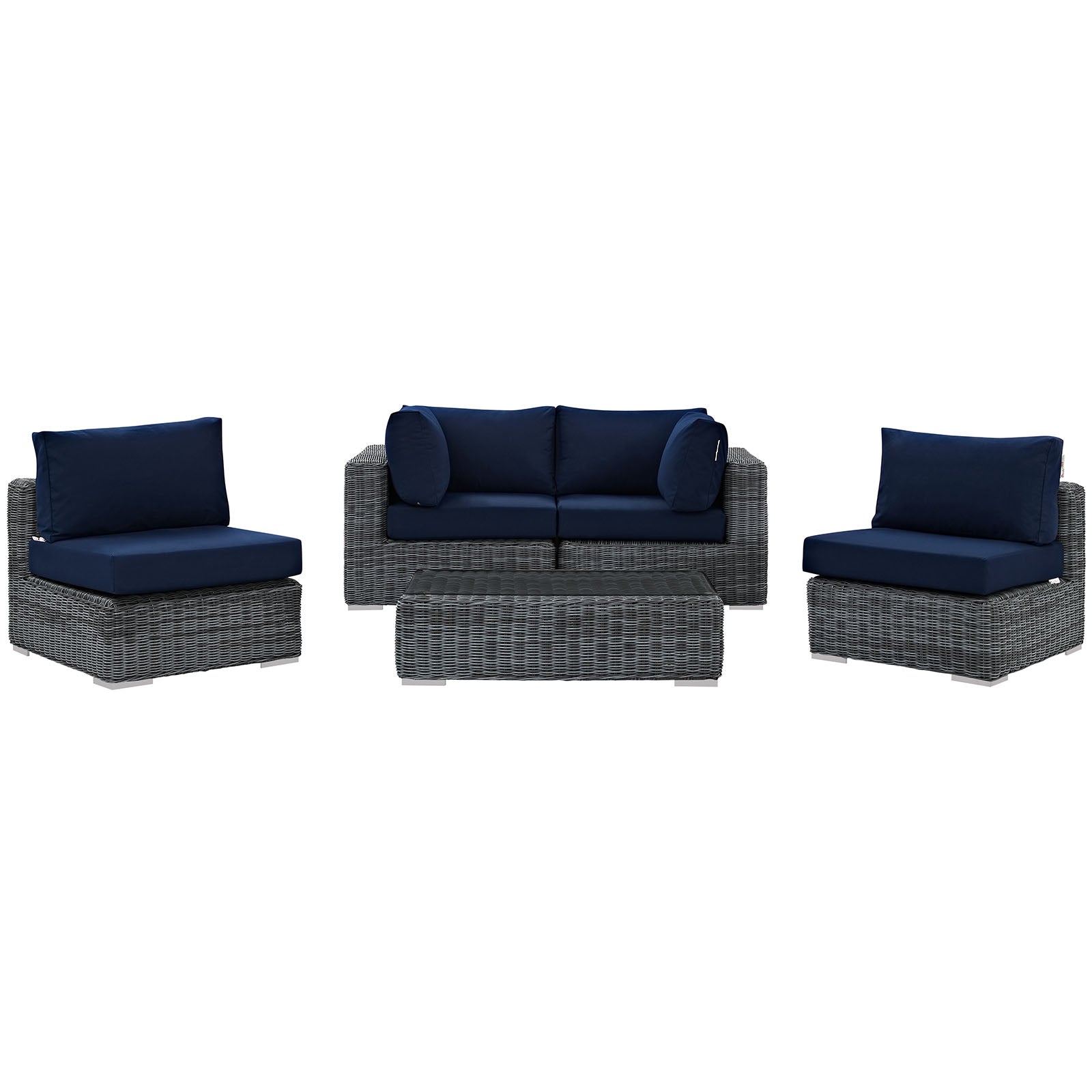 Modway Outdoor Conversation Sets - Summon 5 Piece Outdoor Patio 25" H Sunbrella Sectional Set Canvas Navy