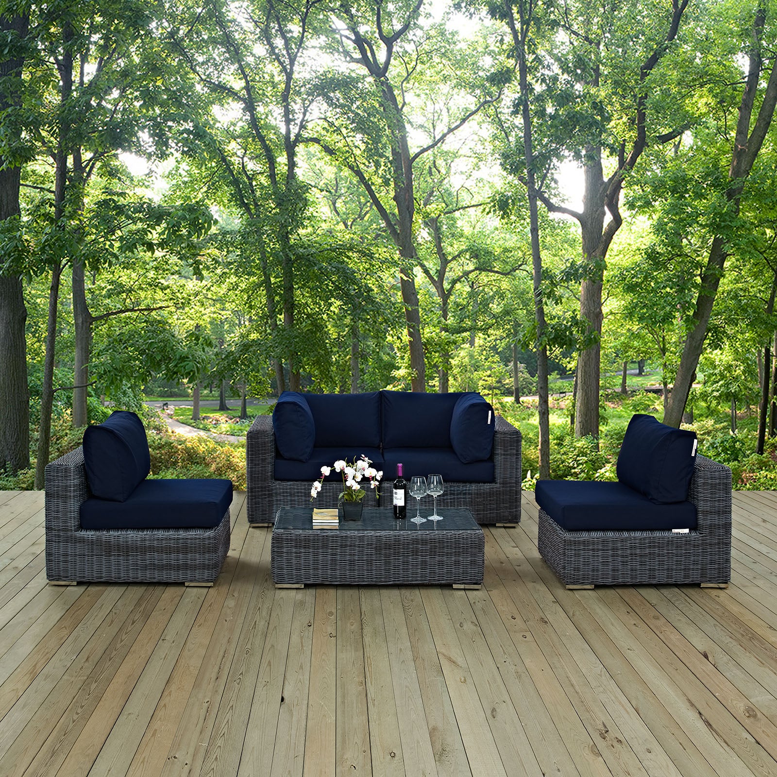 Modway Outdoor Conversation Sets - Summon 5 Piece Outdoor Patio 25" H Sunbrella Sectional Set Canvas Navy
