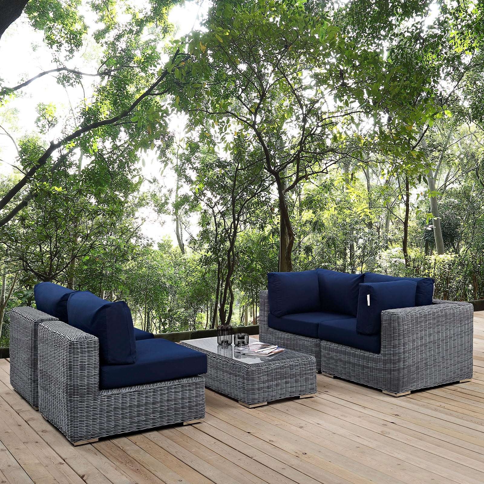 Modway Outdoor Conversation Sets - Summon 5 Piece Outdoor Patio 25" H Sunbrella Sectional Set Canvas Navy