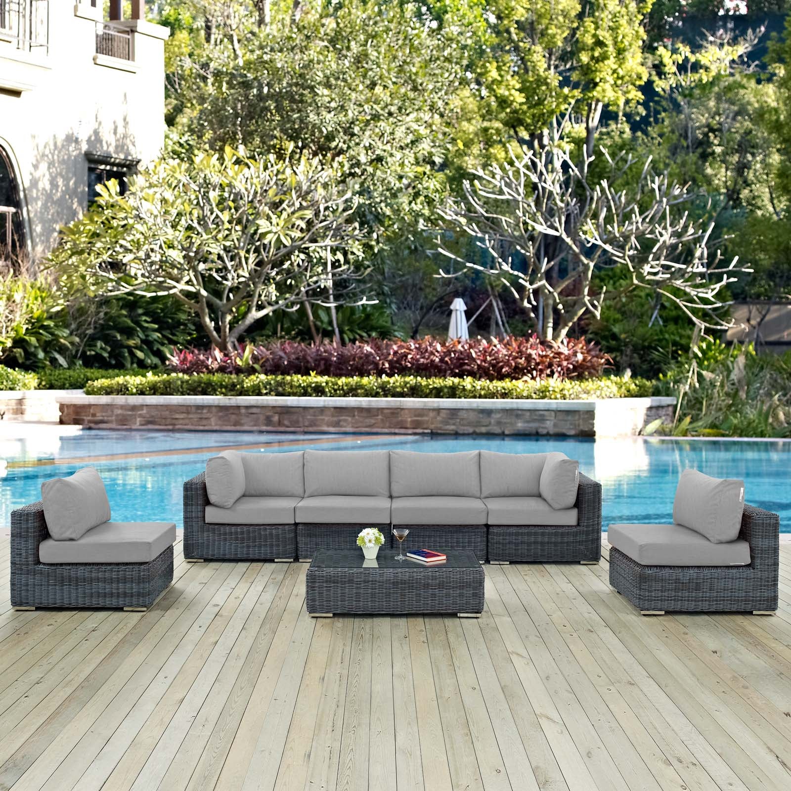 Modway Outdoor Sofas - Summon-7-Piece-Outdoor-Patio-Sunbrella¨-Sectional-Set-Canvas-Gray