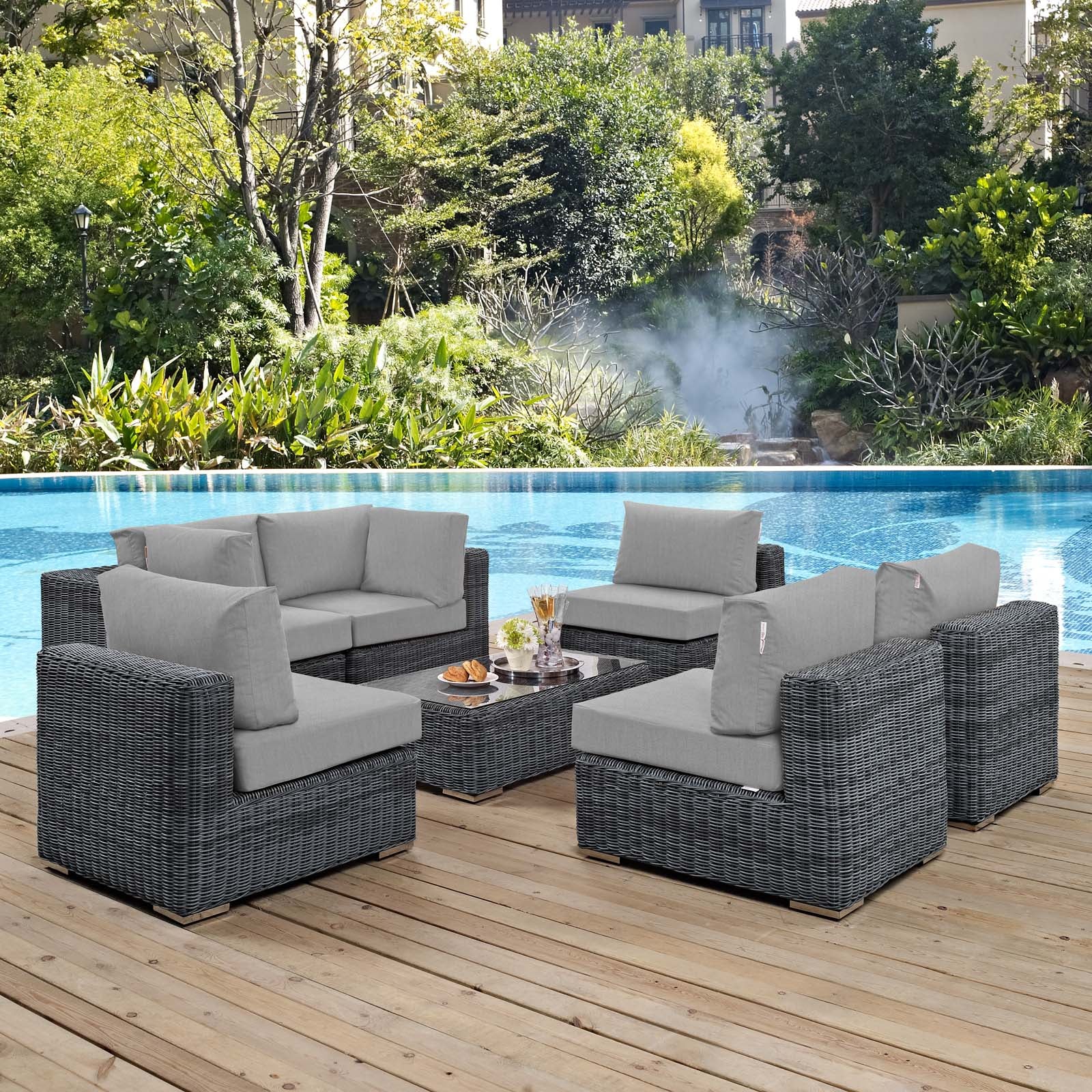 Modway Outdoor Sofas - Summon-7-Piece-Outdoor-Patio-Sunbrella¨-Sectional-Set-Canvas-Gray