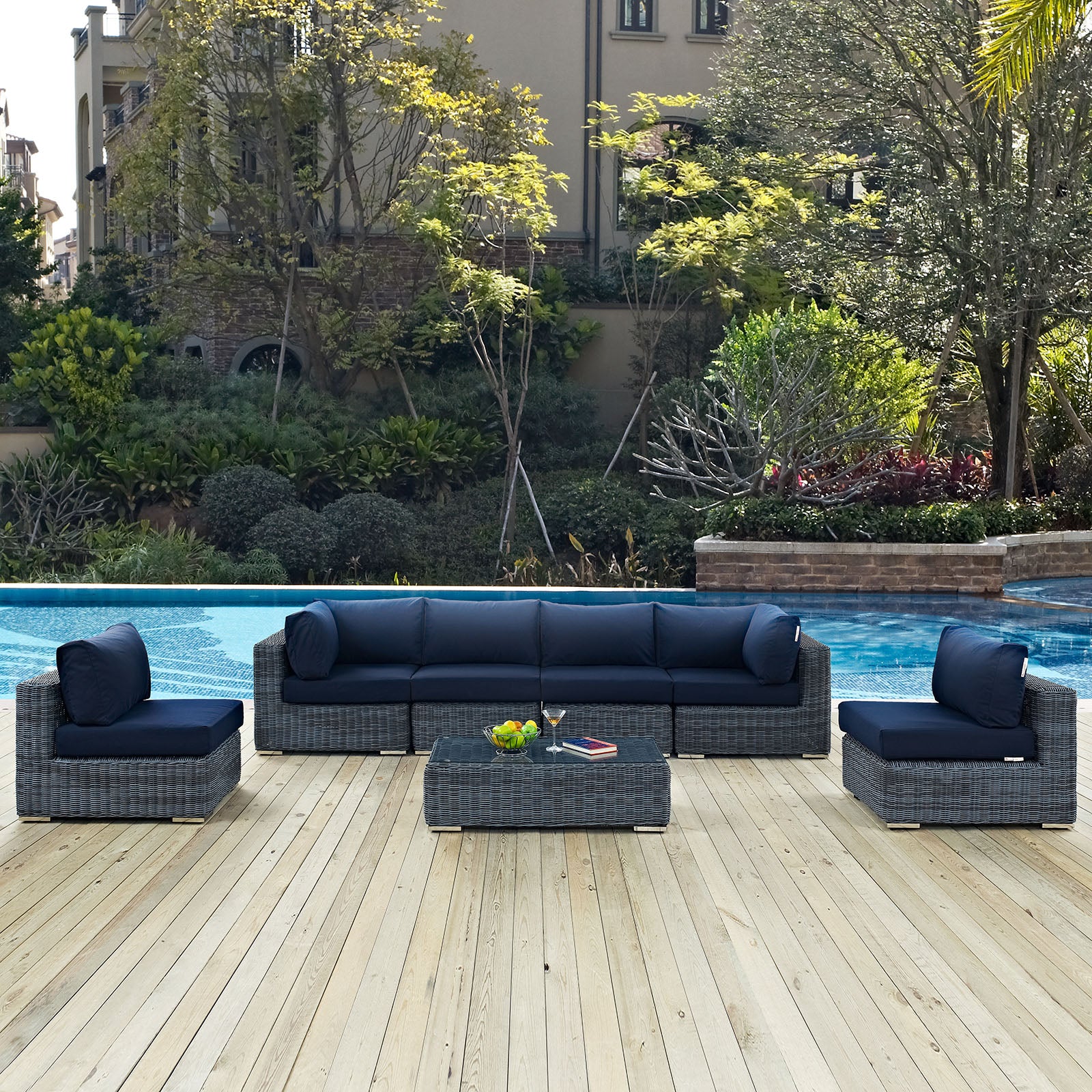 Modway Outdoor Conversation Sets - Summon 7 Piece Outdoor Patio 35 " W Sunbrella Sectional Set Canvas Navy