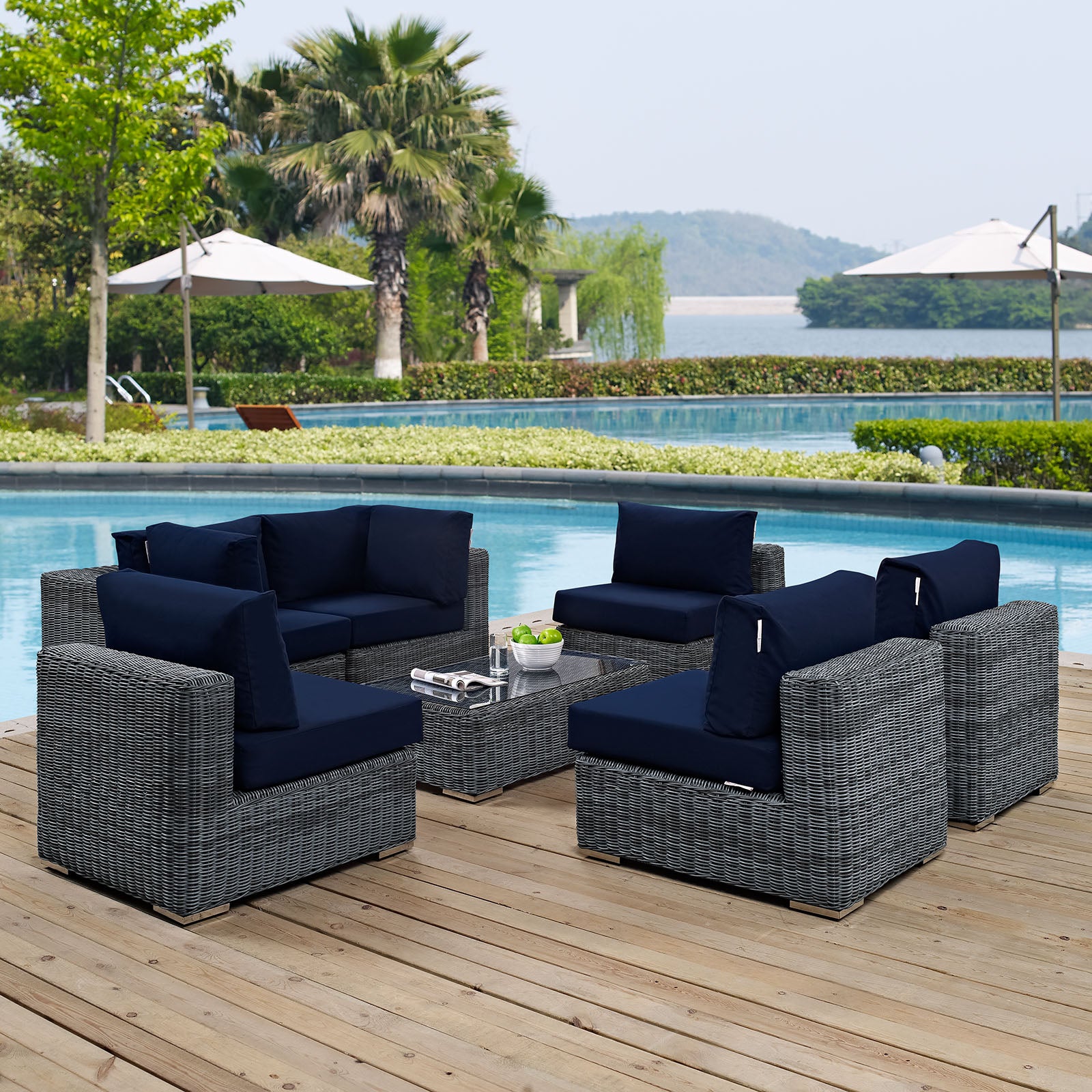Modway Outdoor Conversation Sets - Summon 7 Piece Outdoor Patio 35 " W Sunbrella Sectional Set Canvas Navy