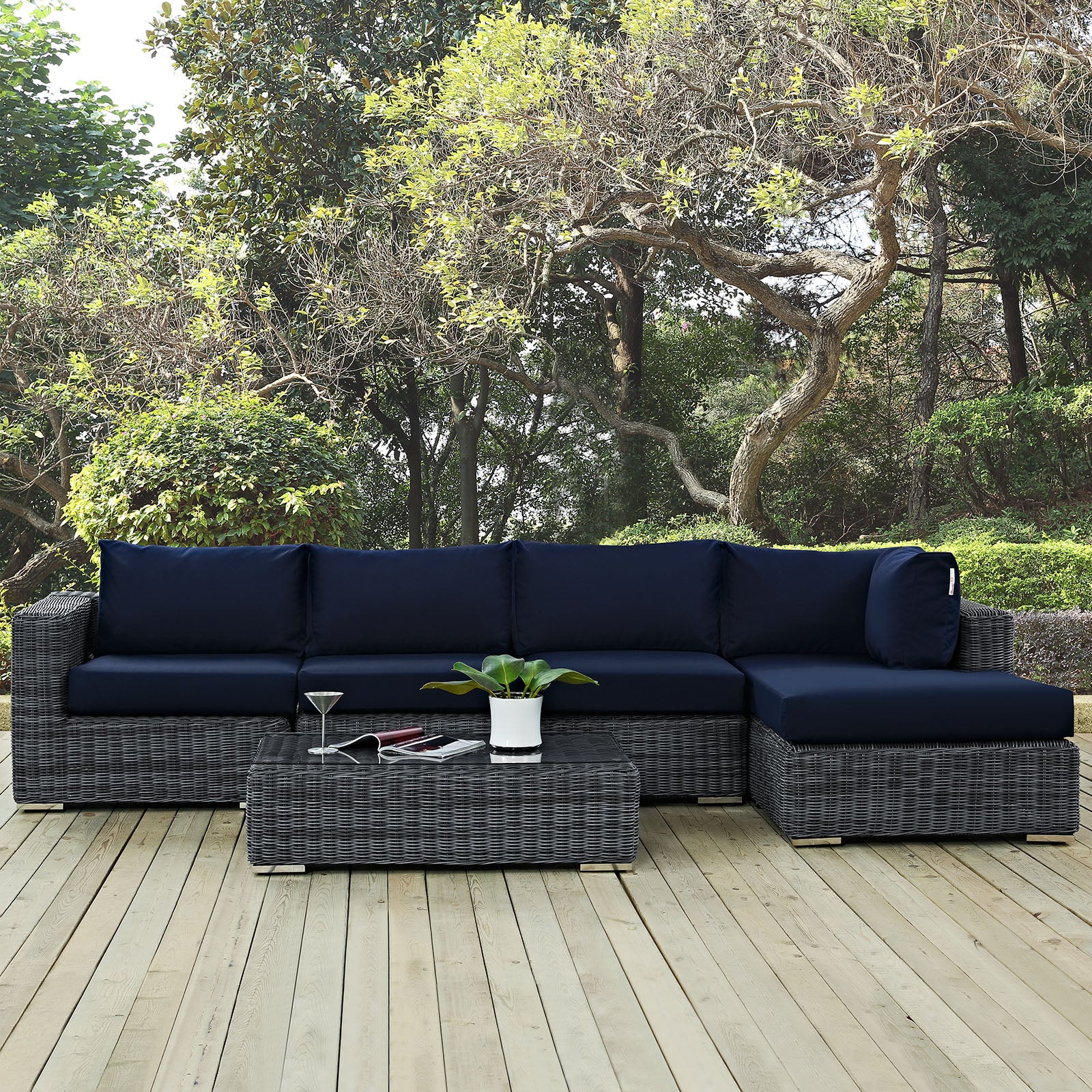 Modway Outdoor Conversation Sets - Summon 5 Piece Outdoor Patio Sectional Set Canvas Navy