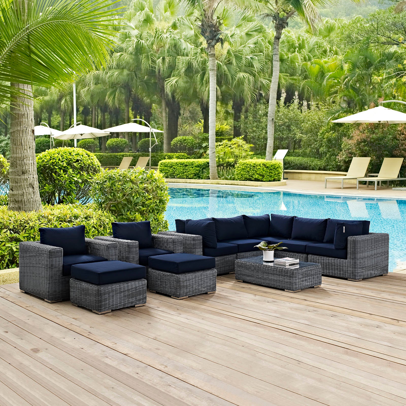 Modway Outdoor Conversation Sets - Summon 10 Piece Outdoor Patio Sunbrella Sectional Set Canvas Navy