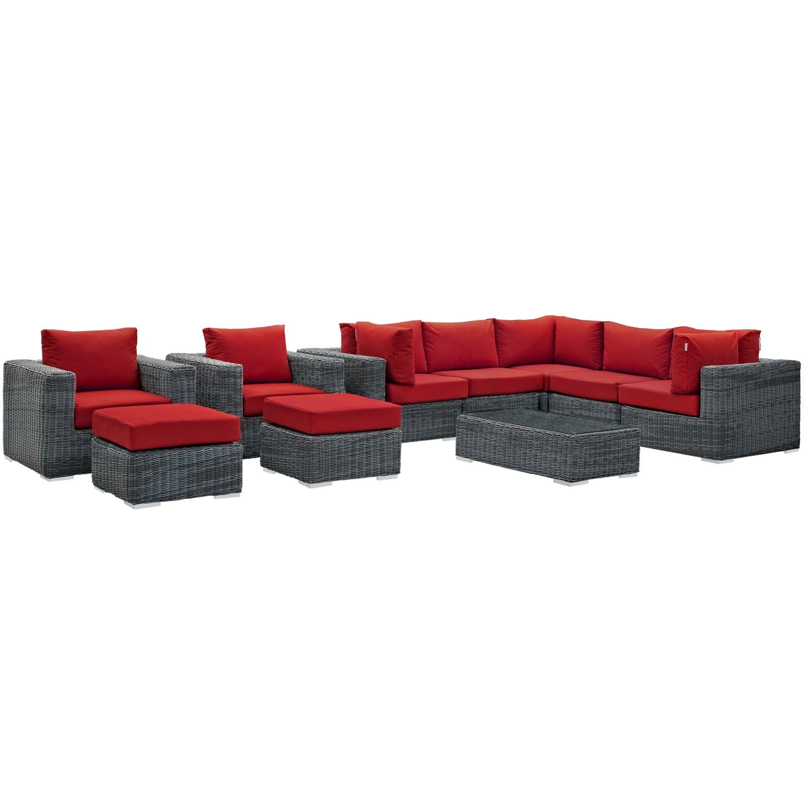 Modway Outdoor Conversation Sets - Summon 10 Piece Outdoor Patio Sunbrella Sectional Set Canvas Red