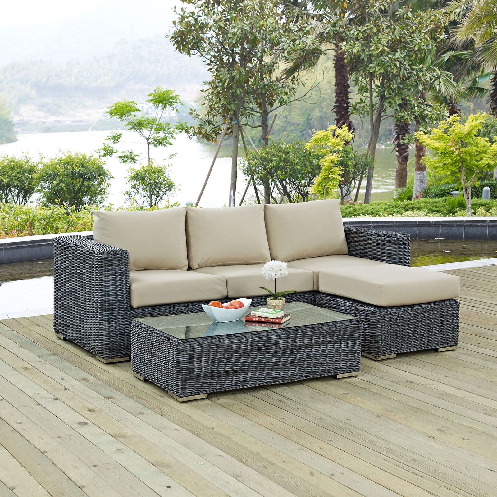 Modway Outdoor Conversation Sets - Summon 3 Piece Outdoor Patio Sectional Set Canvas Antique Beige