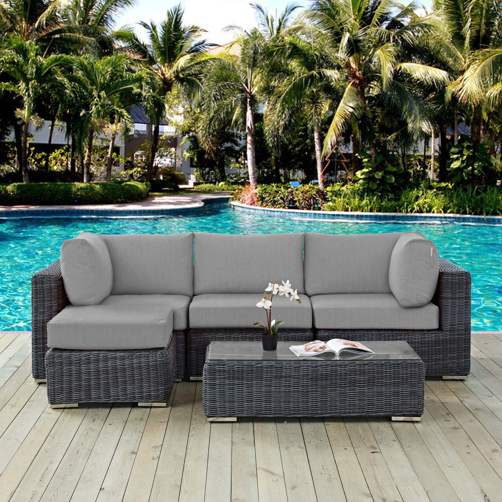 Modway Outdoor Conversation Sets - Summon 5 Piece Outdoor Patio Sunbrella Sectional Set Canvas Gray