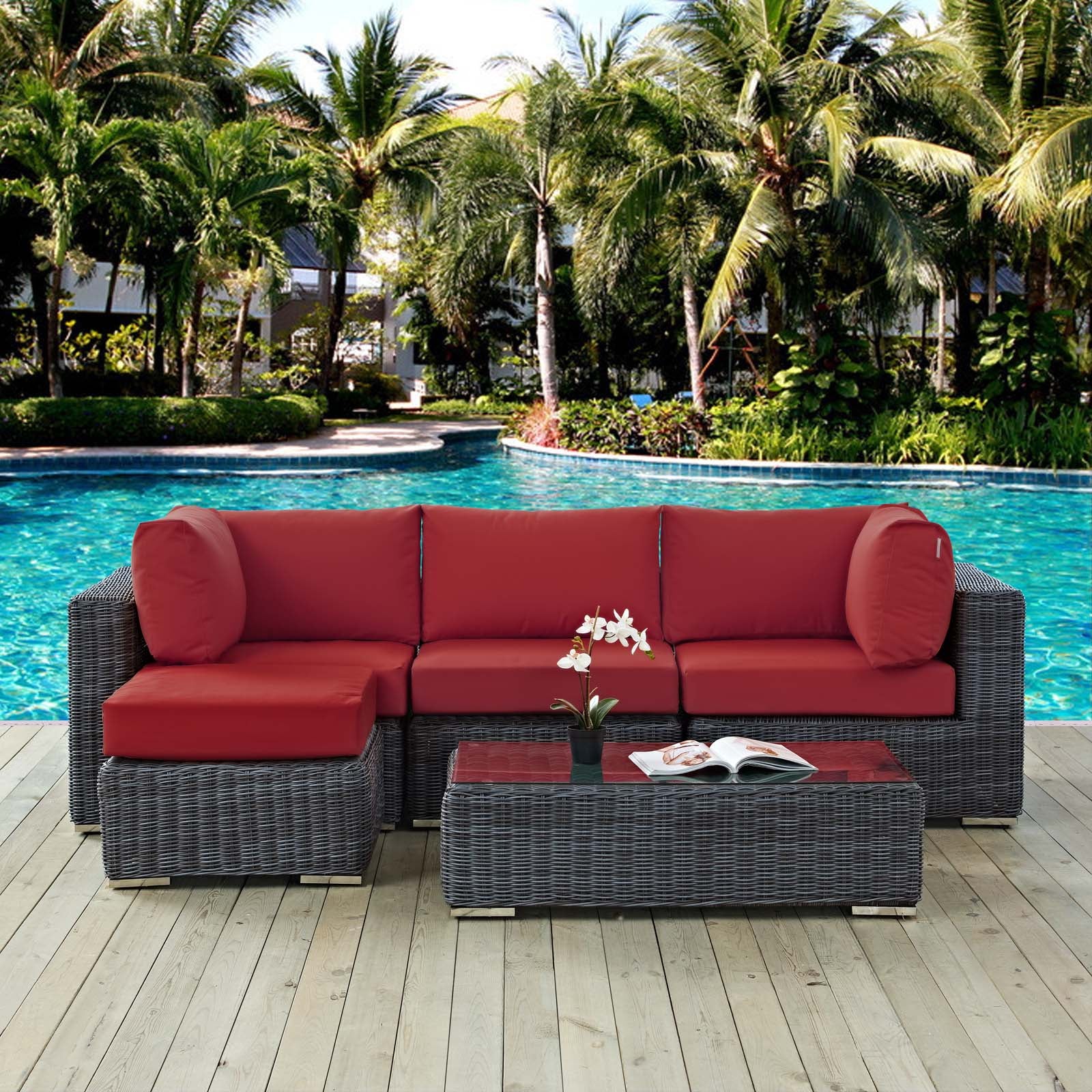 Summon 5-Piece Outdoor Patio Sunbrella Sectional Set Canvas Red