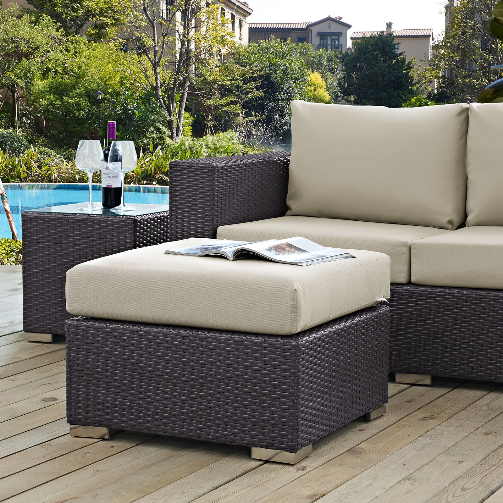 Modway Outdoor Stools & Benches - Convene Outdoor Patio Fabric Square Ottoman Espresso Beige