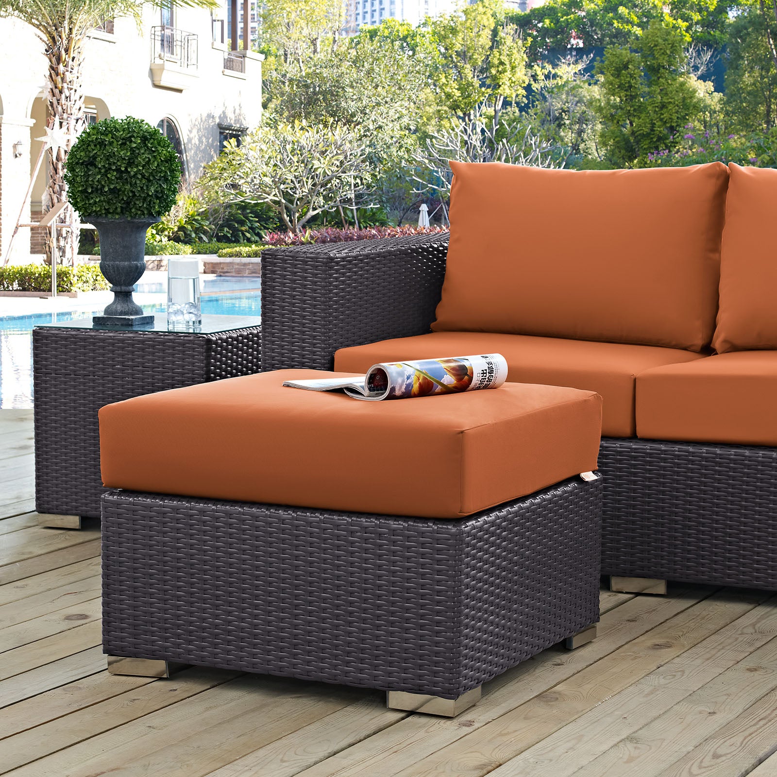 Modway Outdoor Stools & Benches - Convene Outdoor Patio Fabric Square Ottoman Espresso Orange