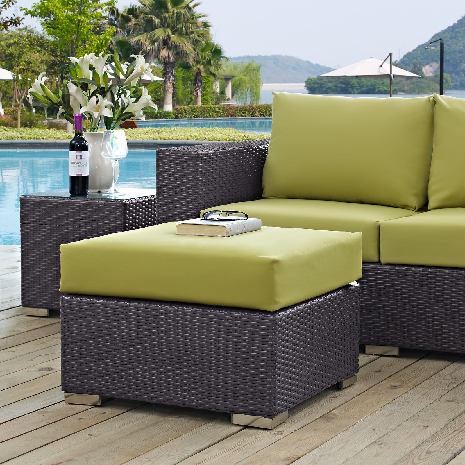 Modway Outdoor Stools & Benches - Convene Outdoor Patio Fabric Square Ottoman Espresso Peridot