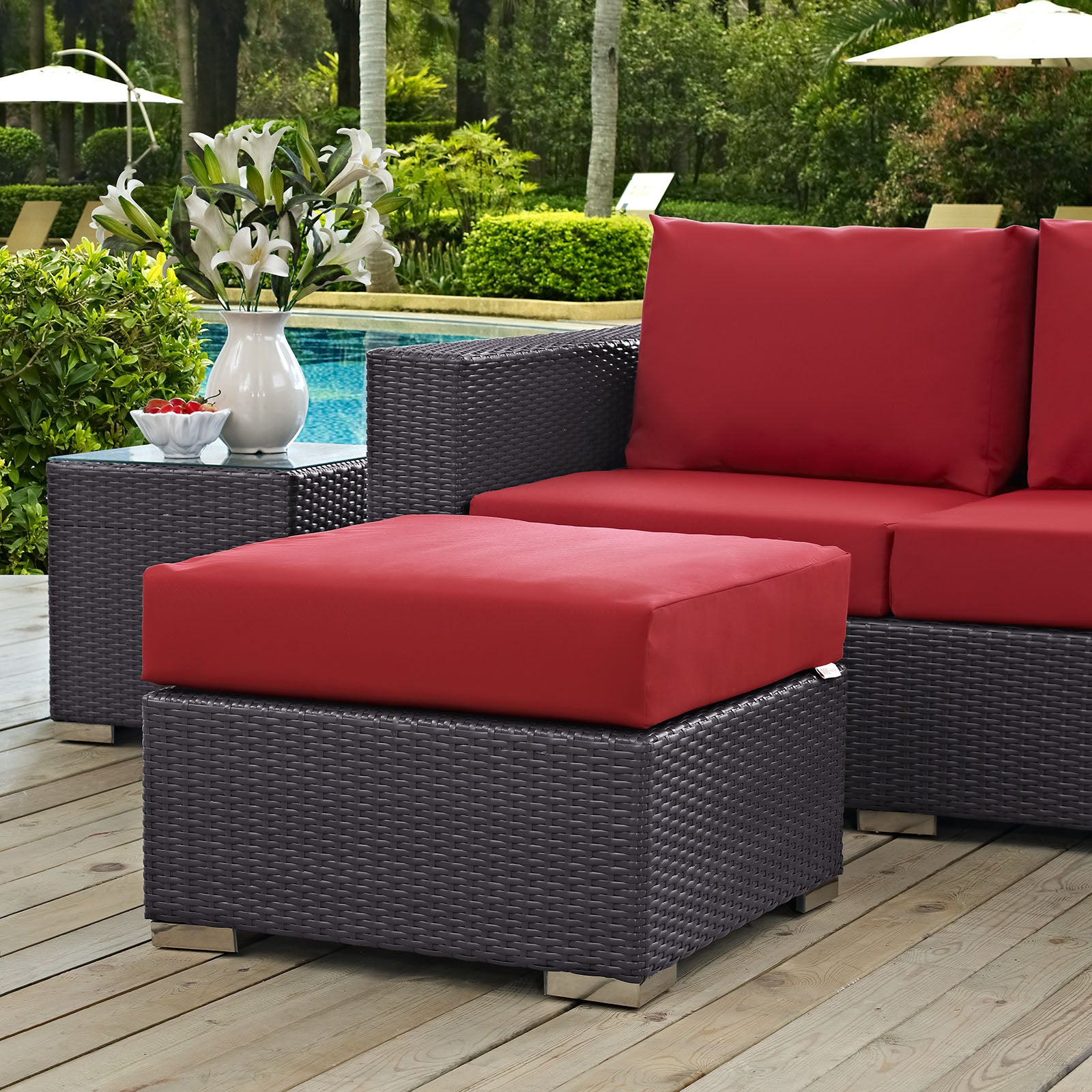 Modway Outdoor Stools & Benches - Convene Outdoor Patio Fabric Square Ottoman Espresso Red