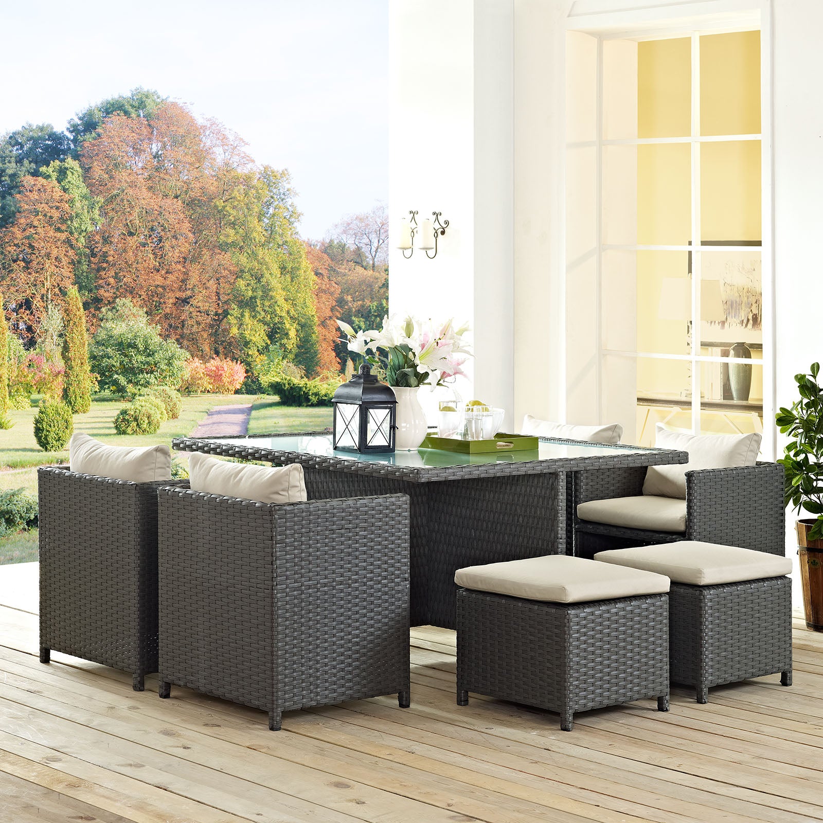 Sojourn 9 Piece Outdoor Patio Sunbrella Dining Set Antique Canvas Beige