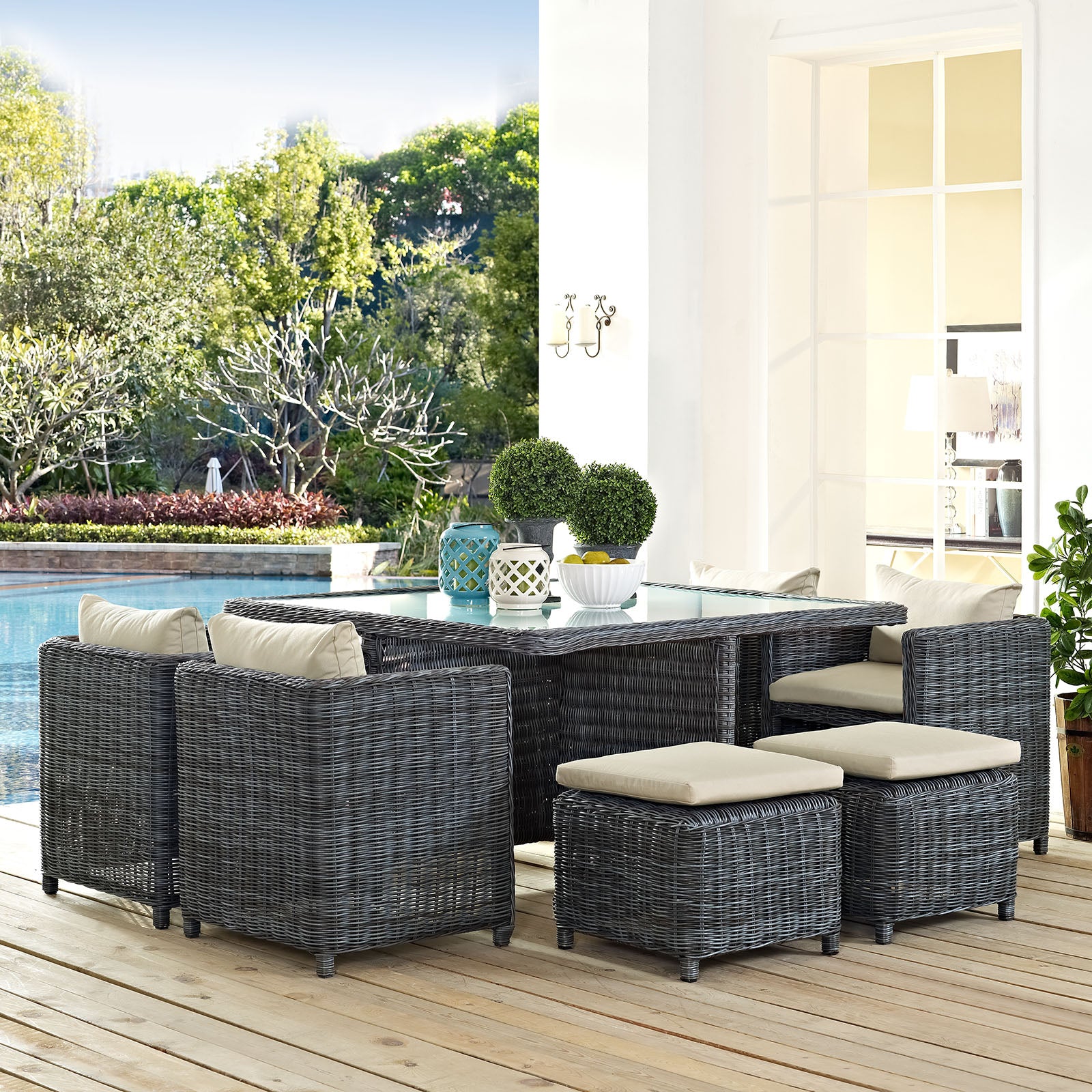 Summon 9 Piece Outdoor Patio Sunbrella Dining Set Antique Canvas Beige
