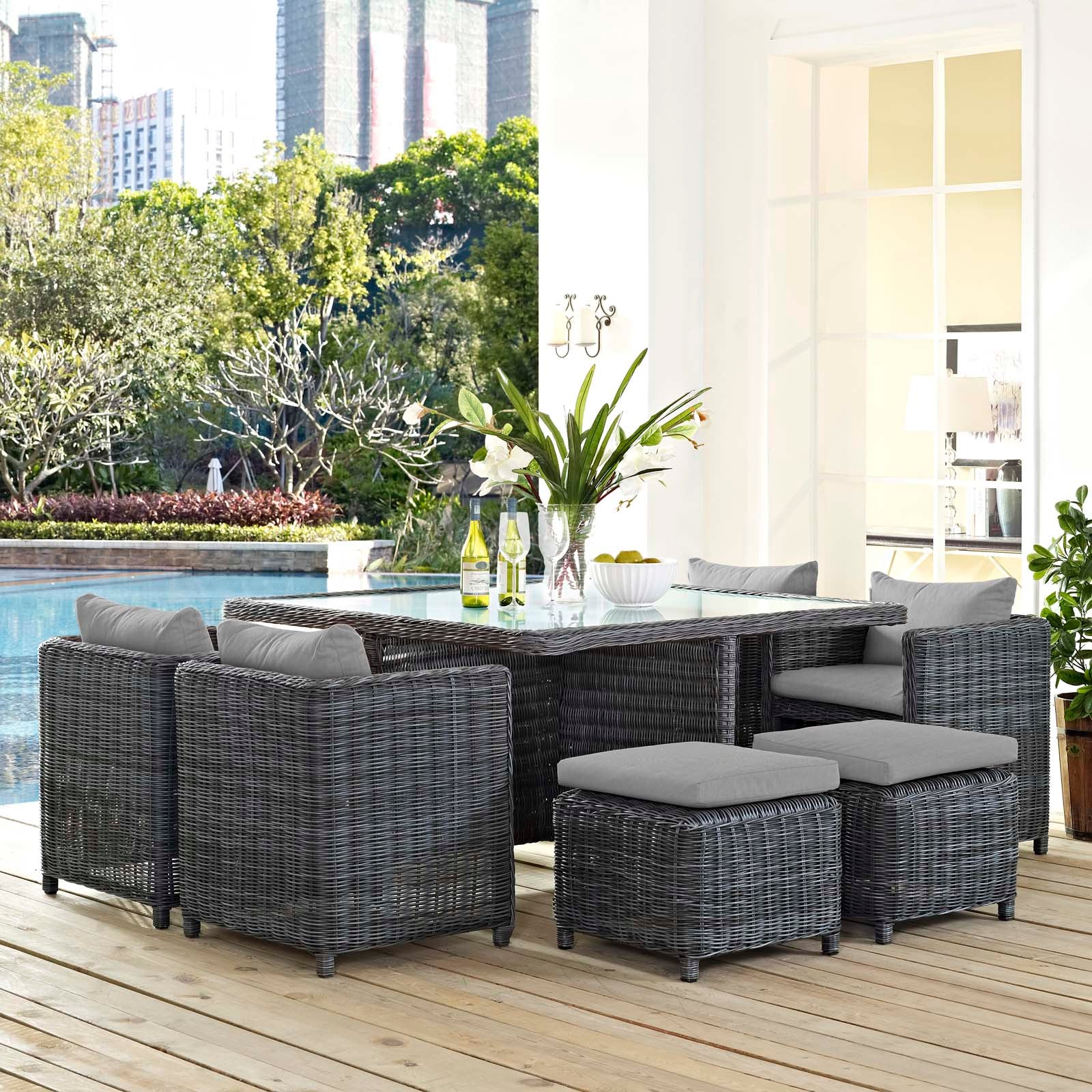 Modway Outdoor Dining Sets - Summon 9 Piece Outdoor Patio Sunbrella Dining Set Canvas Gray