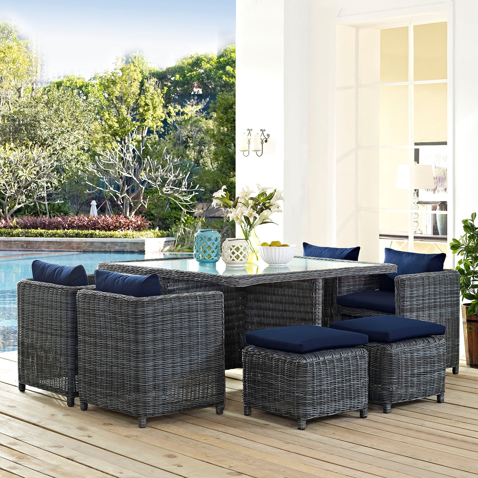 Summon 9 Piece Outdoor Patio Sunbrella Dining Set Canvas Navy