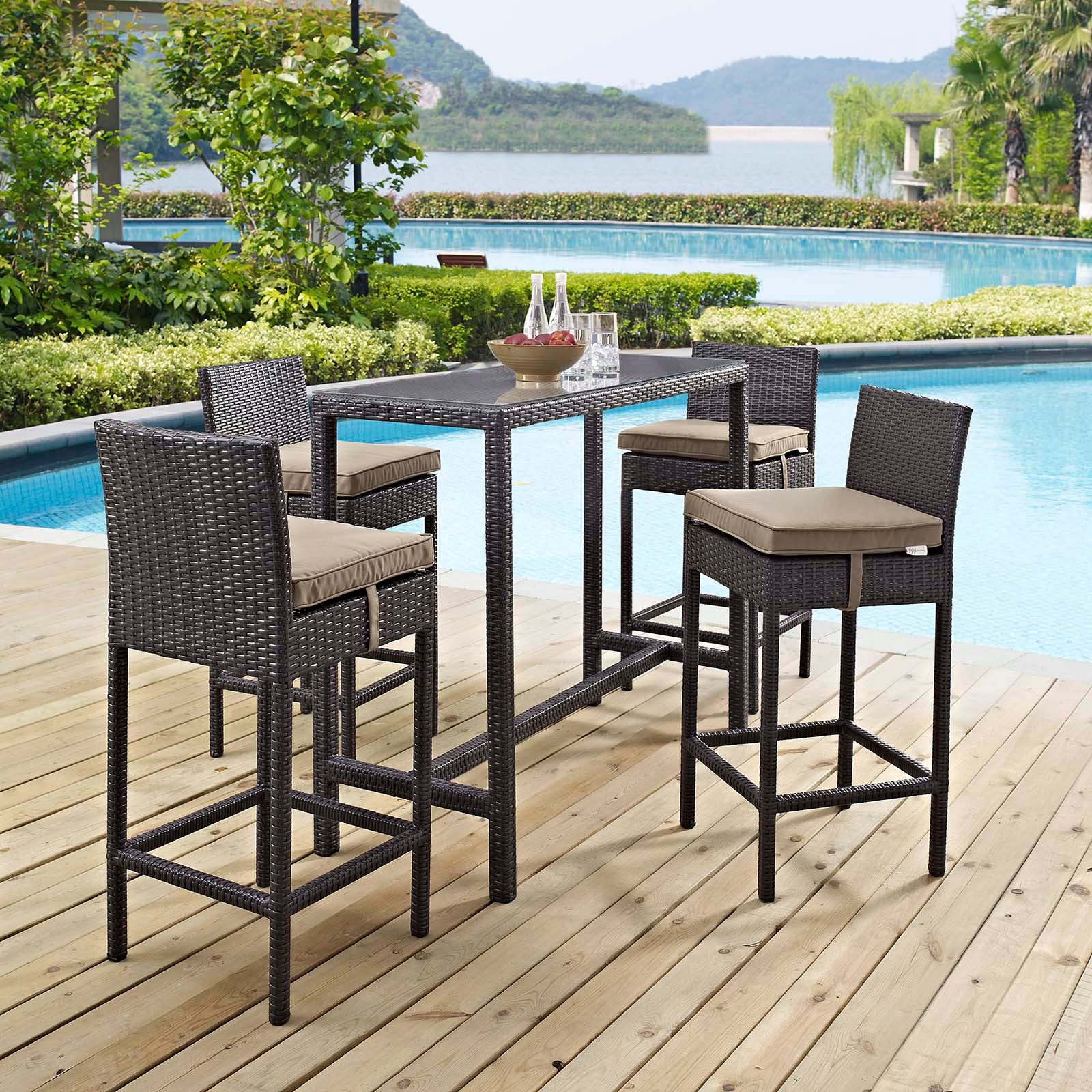 Modway Outdoor Dining Sets - Convene 5 Piece Outdoor Patio Pub Set Espresso Mocha 93"