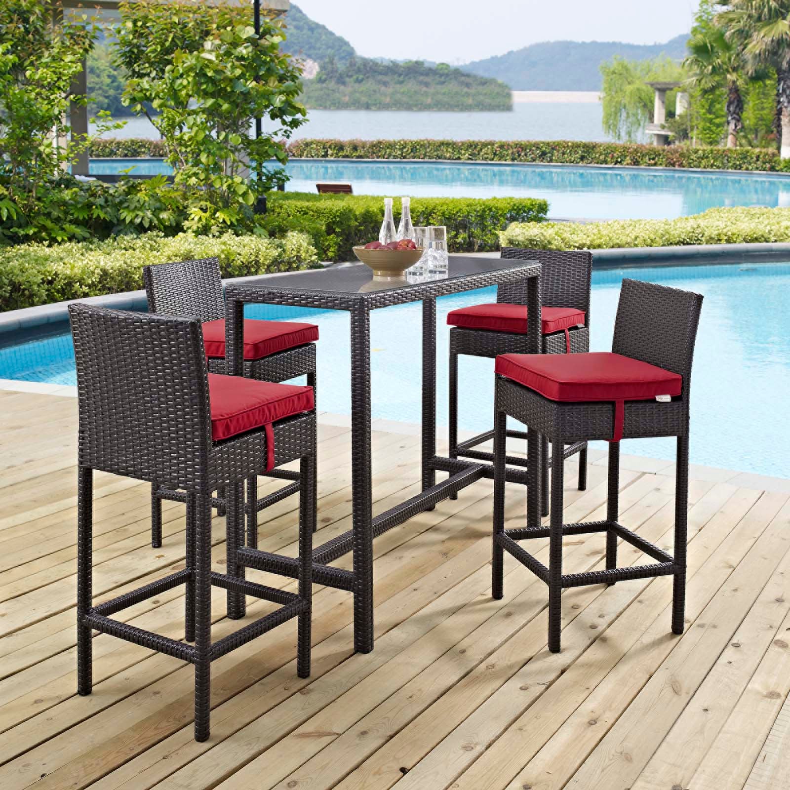 Modway Outdoor Dining Sets - Convene 5 Piece Outdoor Patio Pub Set Espresso Red 93"