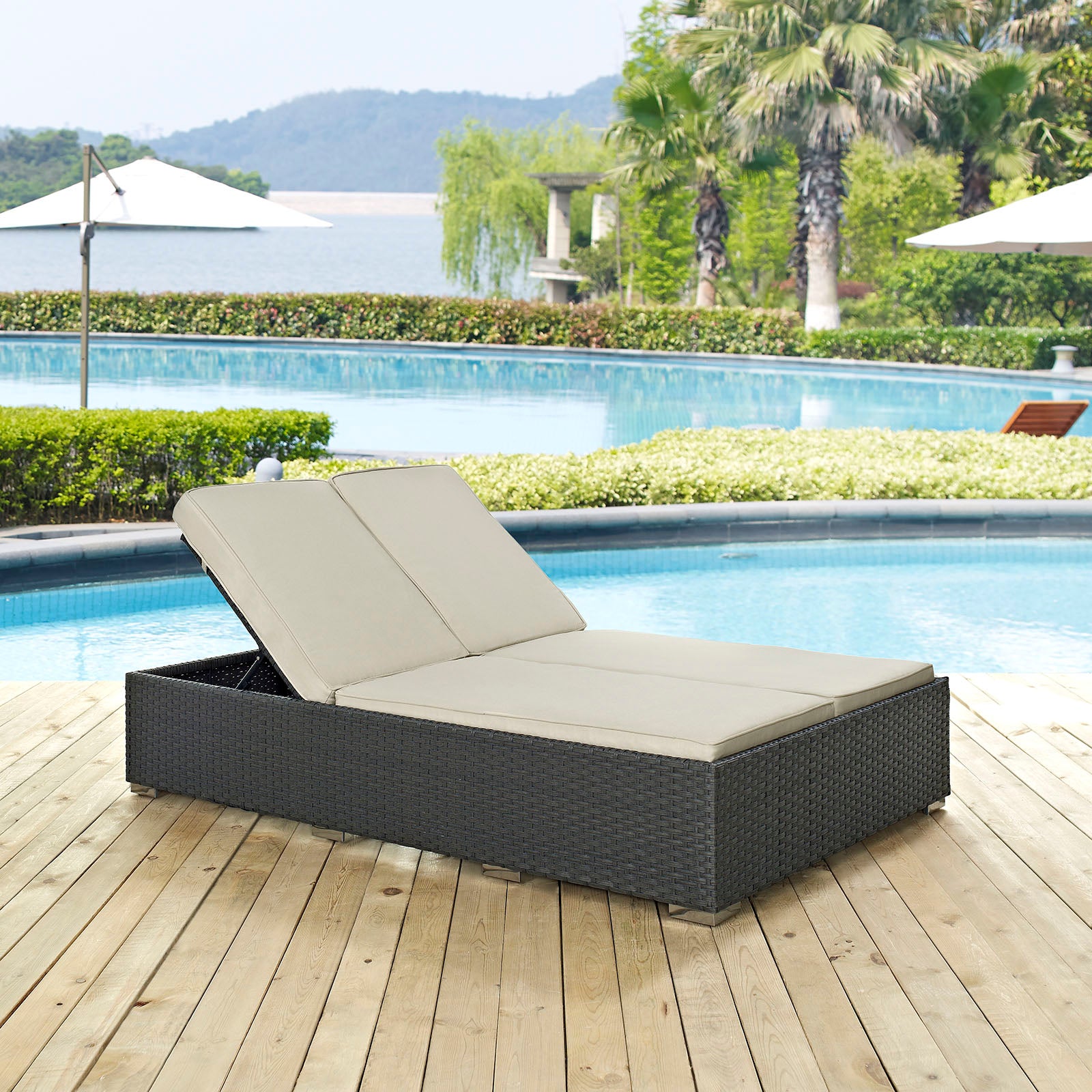 Sojourn Outdoor Patio Sunbrella Double Chaise Chocolate Beige