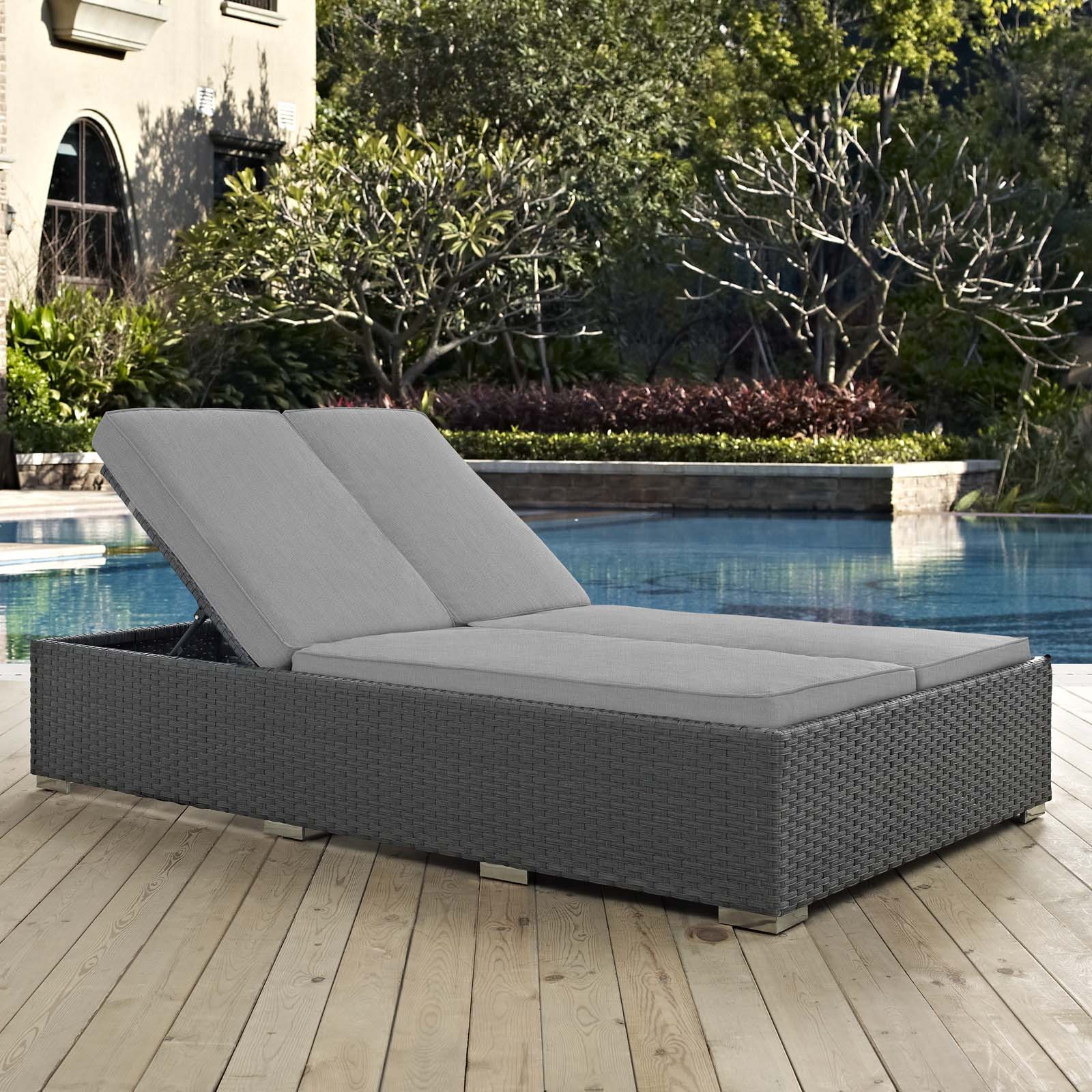 Modway Outdoor Loungers - Sojourn Outdoor Patio Sunbrella Double Chaise Chocolate Gray