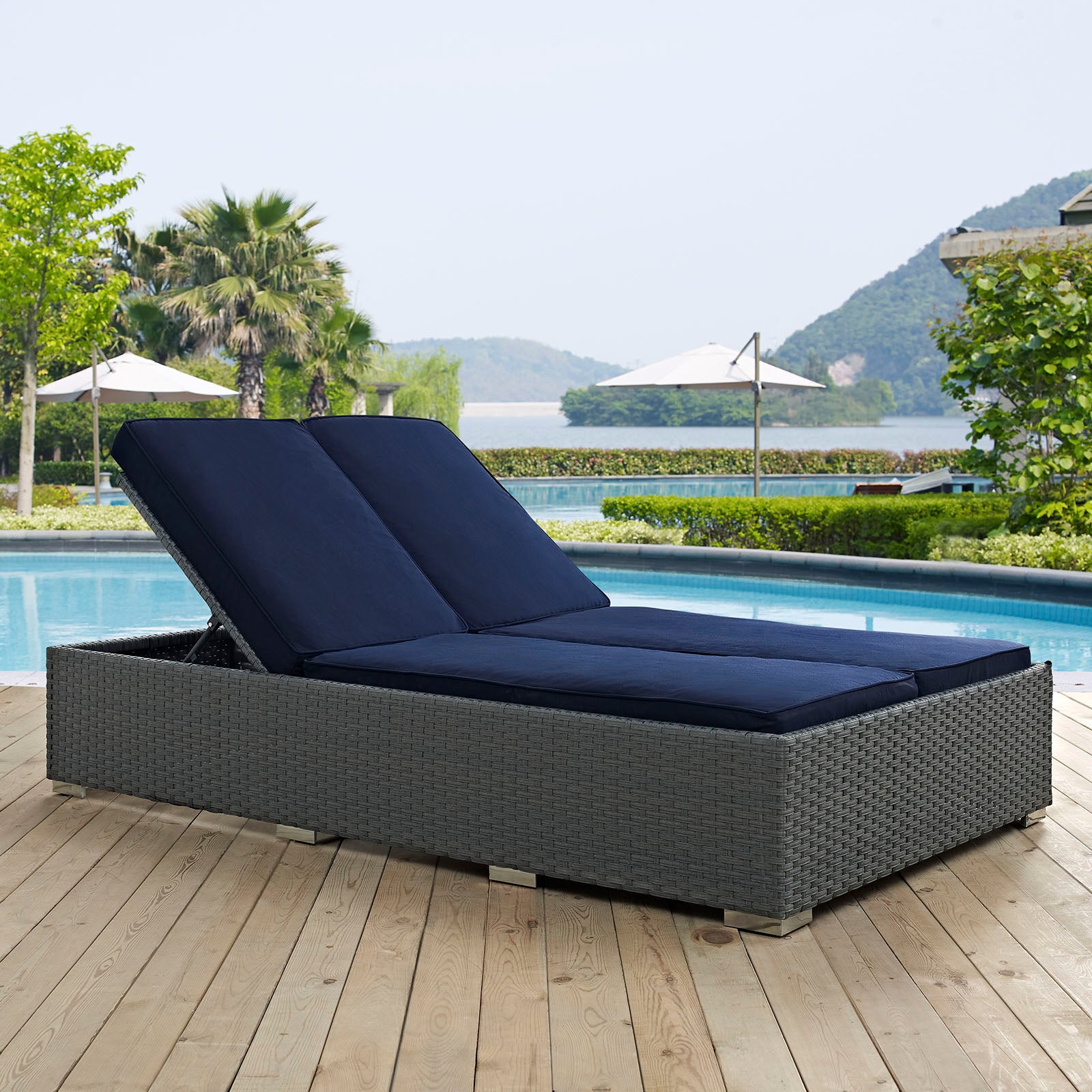 Modway Outdoor Loungers - Sojourn Outdoor Patio Sunbrella Double Chaise Chocolate Navy