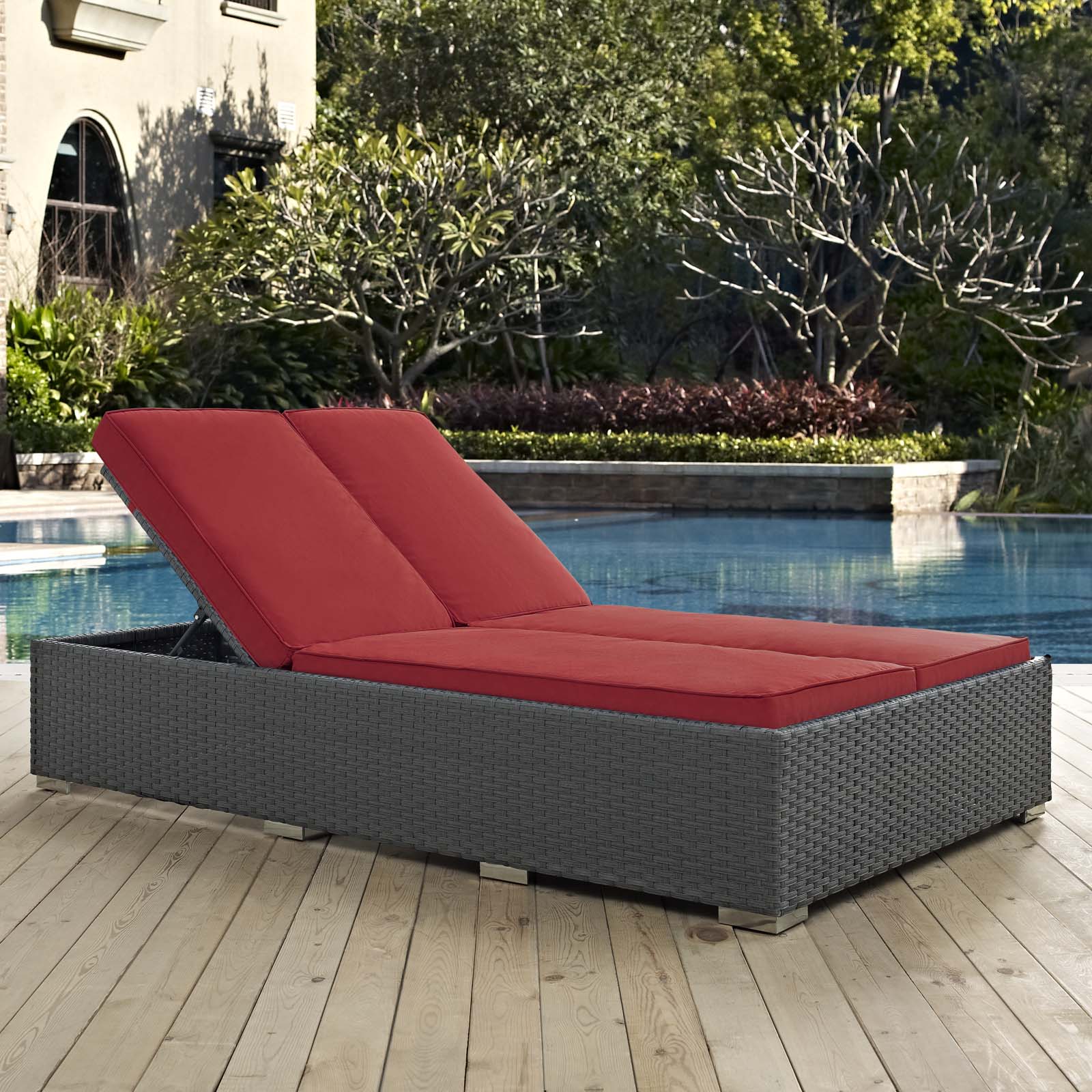 Modway Outdoor Loungers - Sojourn Outdoor Patio Sunbrella Double Chaise Chocolate Red