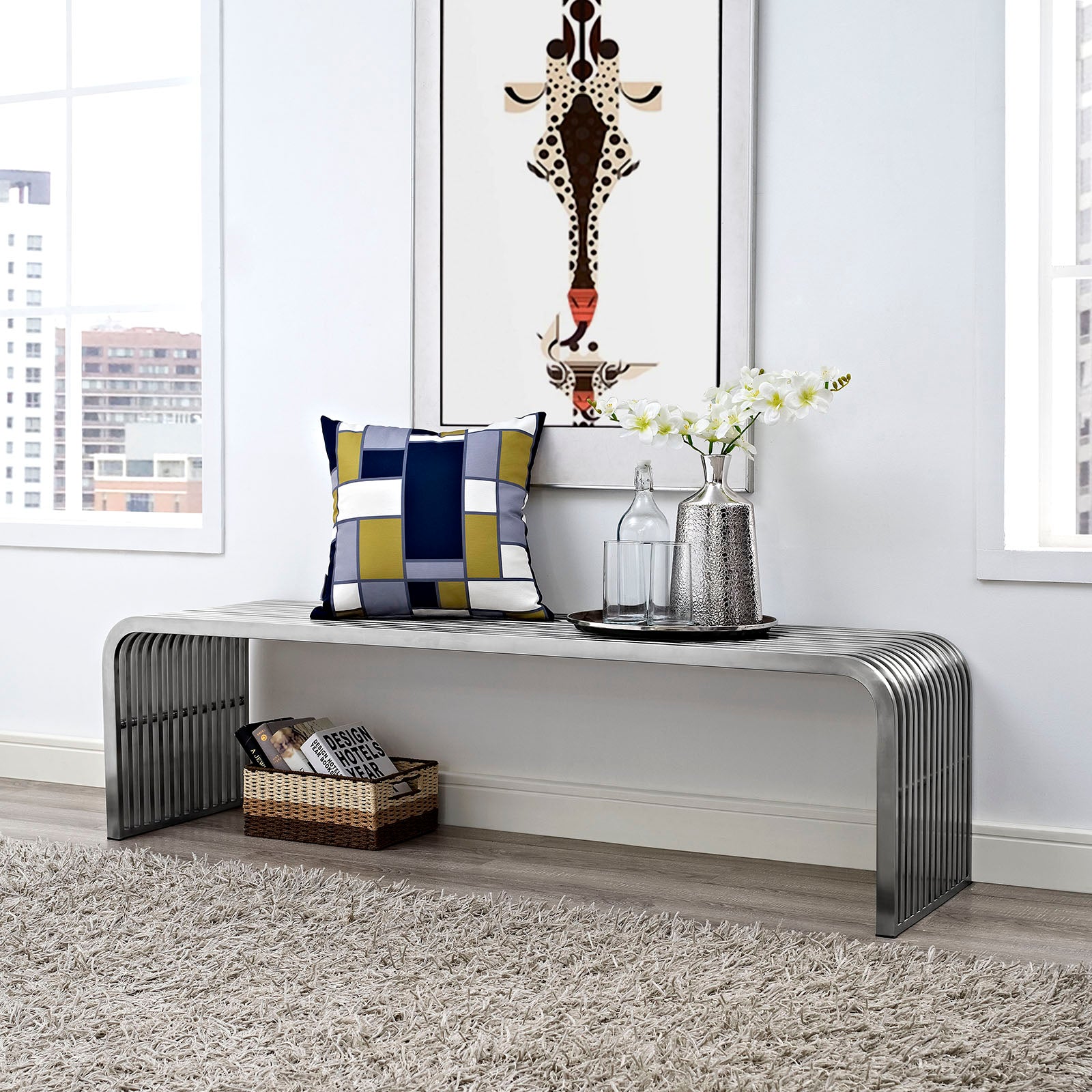Modway Benches - Pipe 60" Stainless Steel Bench Silver
