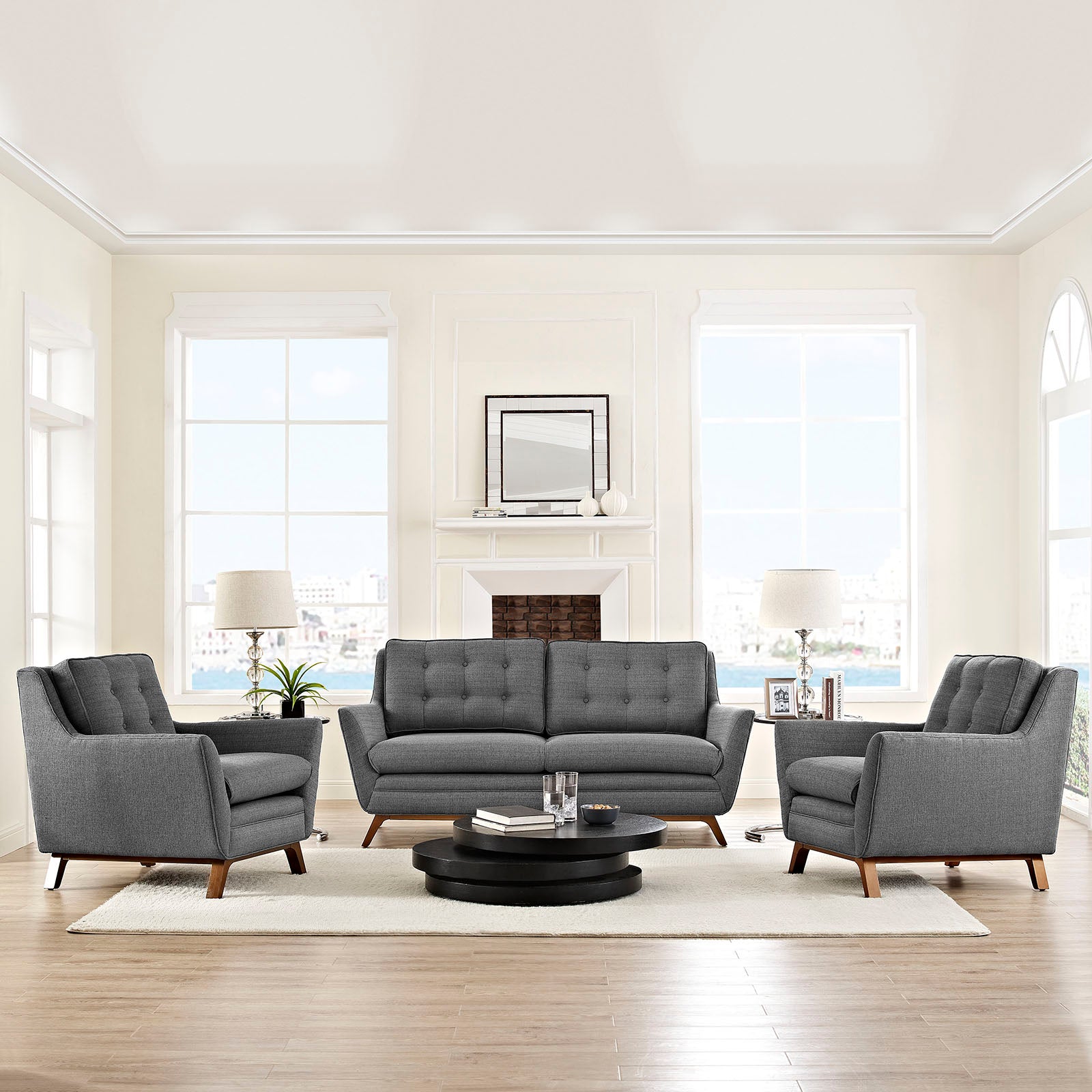 Modway Living Room Sets - Beguile 3 Piece Upholstered Fabric Living Room Set Gray 107"