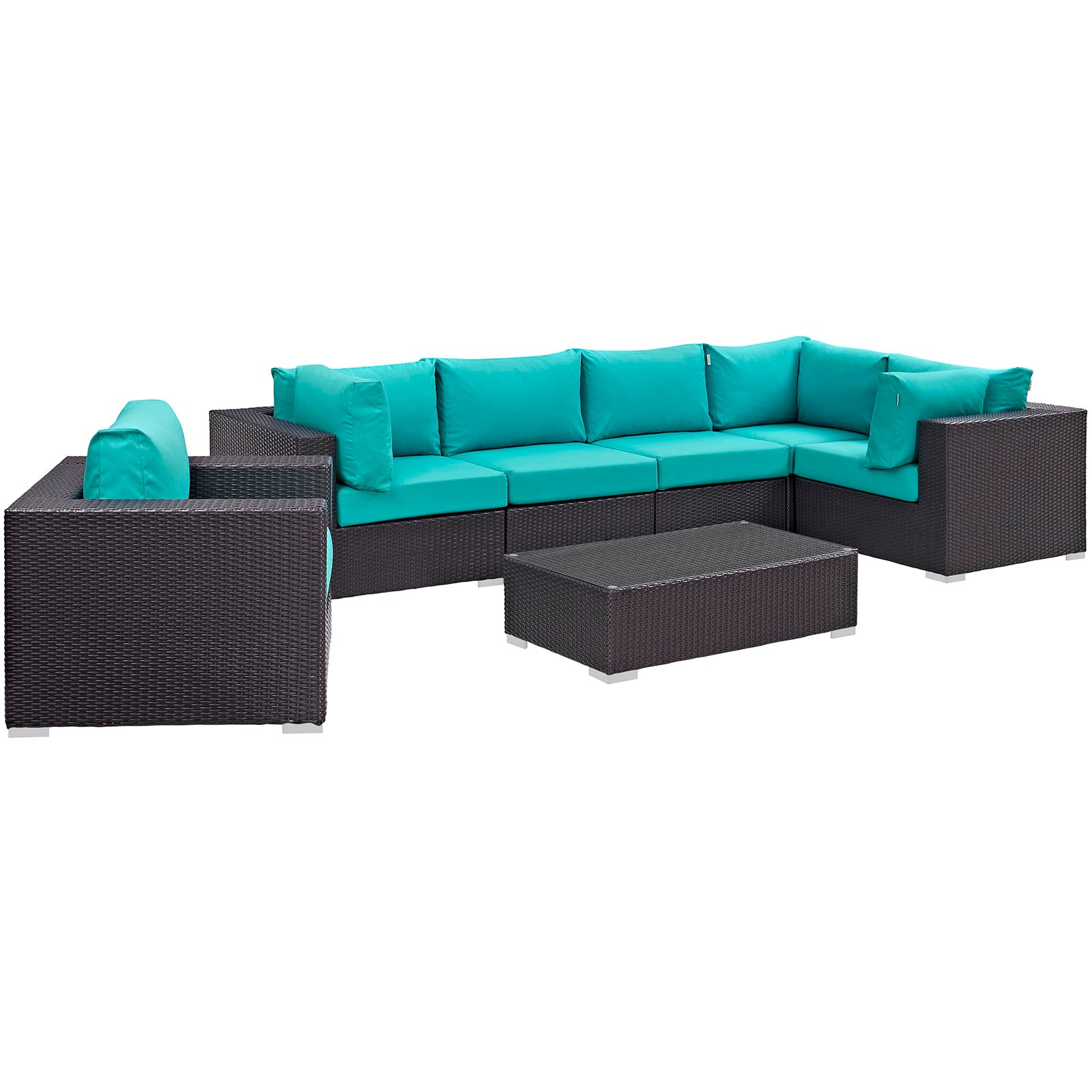 Modway Outdoor Conversation Sets - Convene 7 Piece 167.5" Outdoor Sectional Set Espresso Turquoise