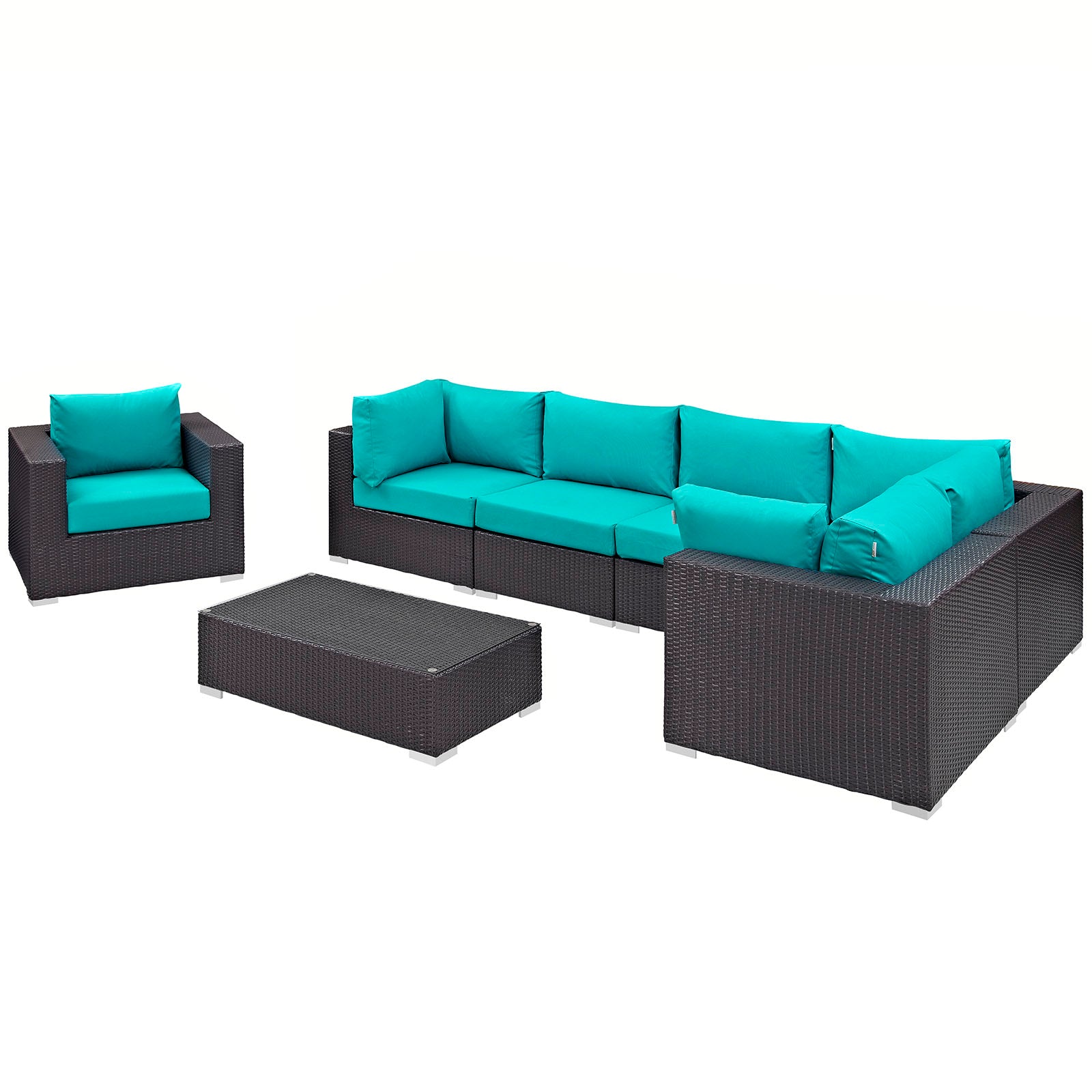 Modway Outdoor Conversation Sets - Convene 7 Piece 167.5" Outdoor Sectional Set Espresso Turquoise