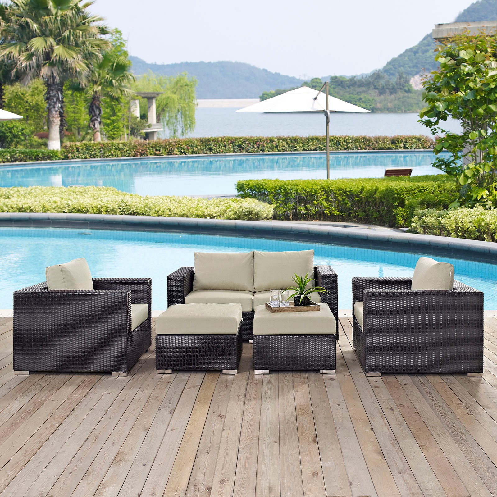 Modway Outdoor Conversation Sets - Convene 5 Piece Outdoor 130.5"W Patio Sofa Set Espresso Beige