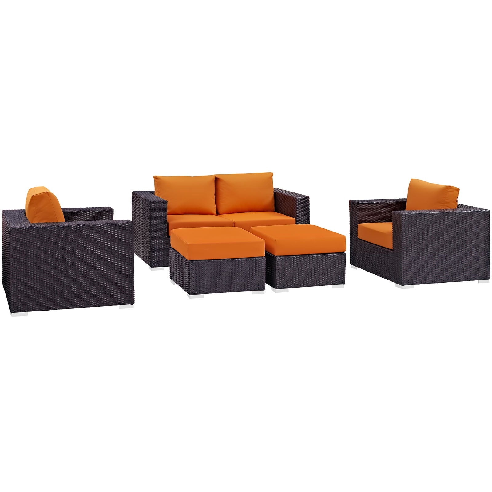 Modway Outdoor Conversation Sets - Convene 5 Piece Outdoor 130.5"W Patio Sofa Set Espresso Orange