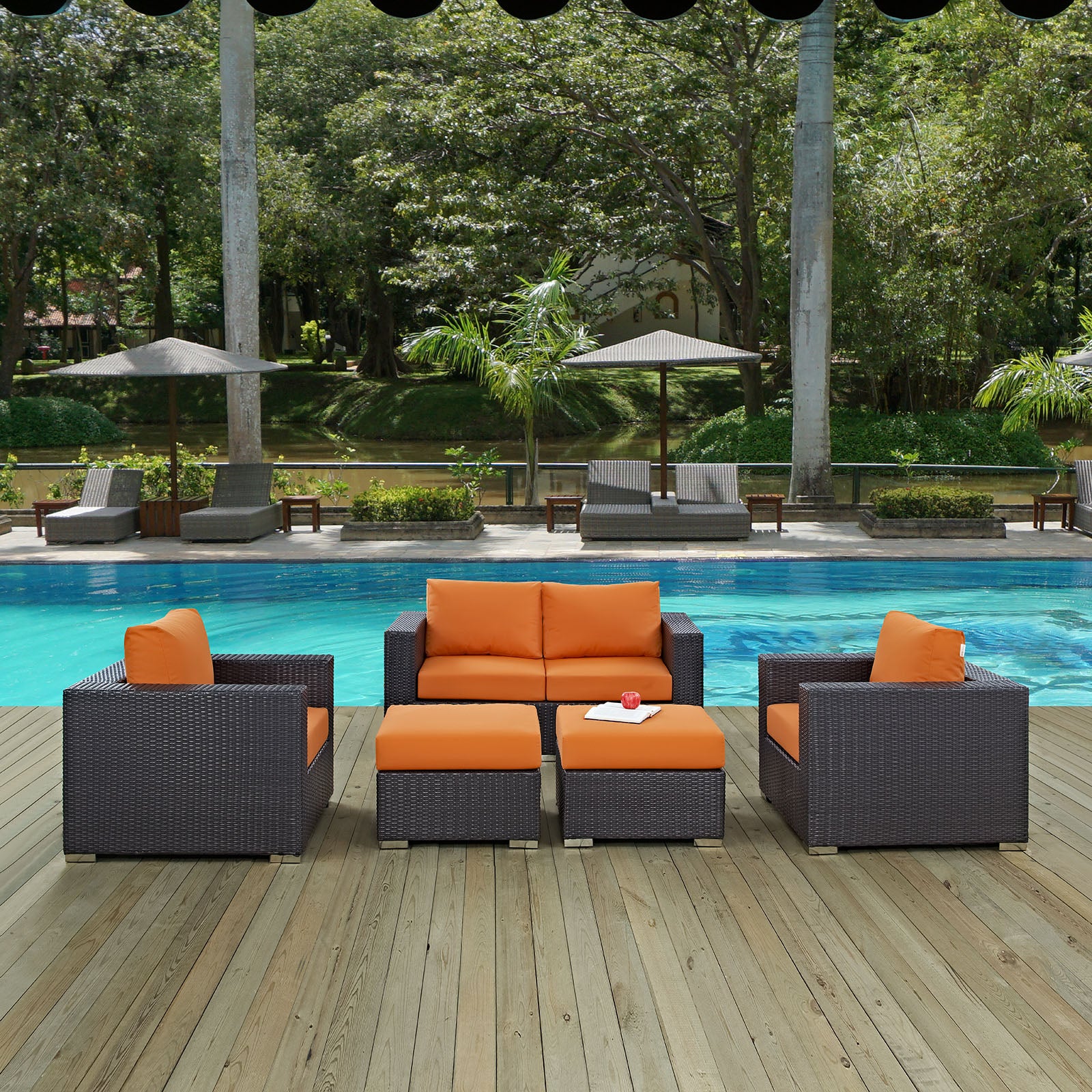 Modway Outdoor Conversation Sets - Convene 5 Piece Outdoor 130.5"W Patio Sofa Set Espresso Orange