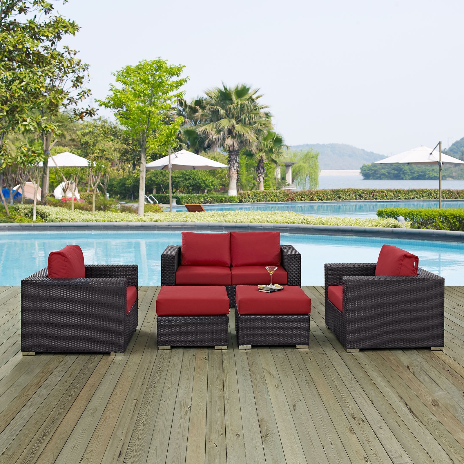 Modway Outdoor Conversation Sets - Convene 5 Pcs Outdoor Patio Sofa Set Espresso Red
