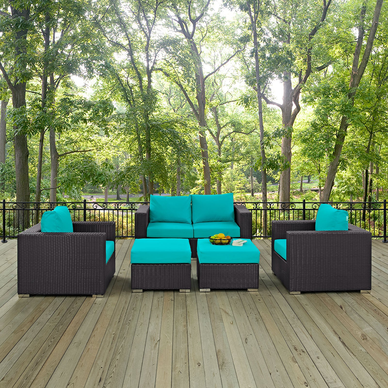 Modway Outdoor Conversation Sets - Convene 5 Piece Outdoor Patio 130.5"W Sofa Set Espresso Turquoise