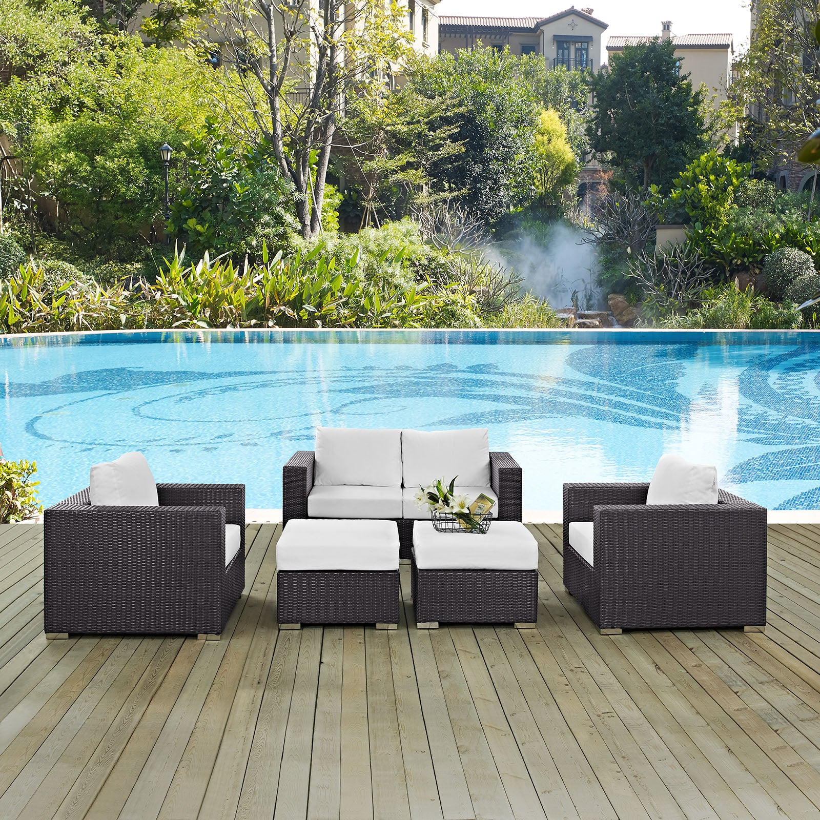 Modway Outdoor Conversation Sets - Convene 5 Piece Outdoor Patio 130.5"W Sofa Set Espresso White